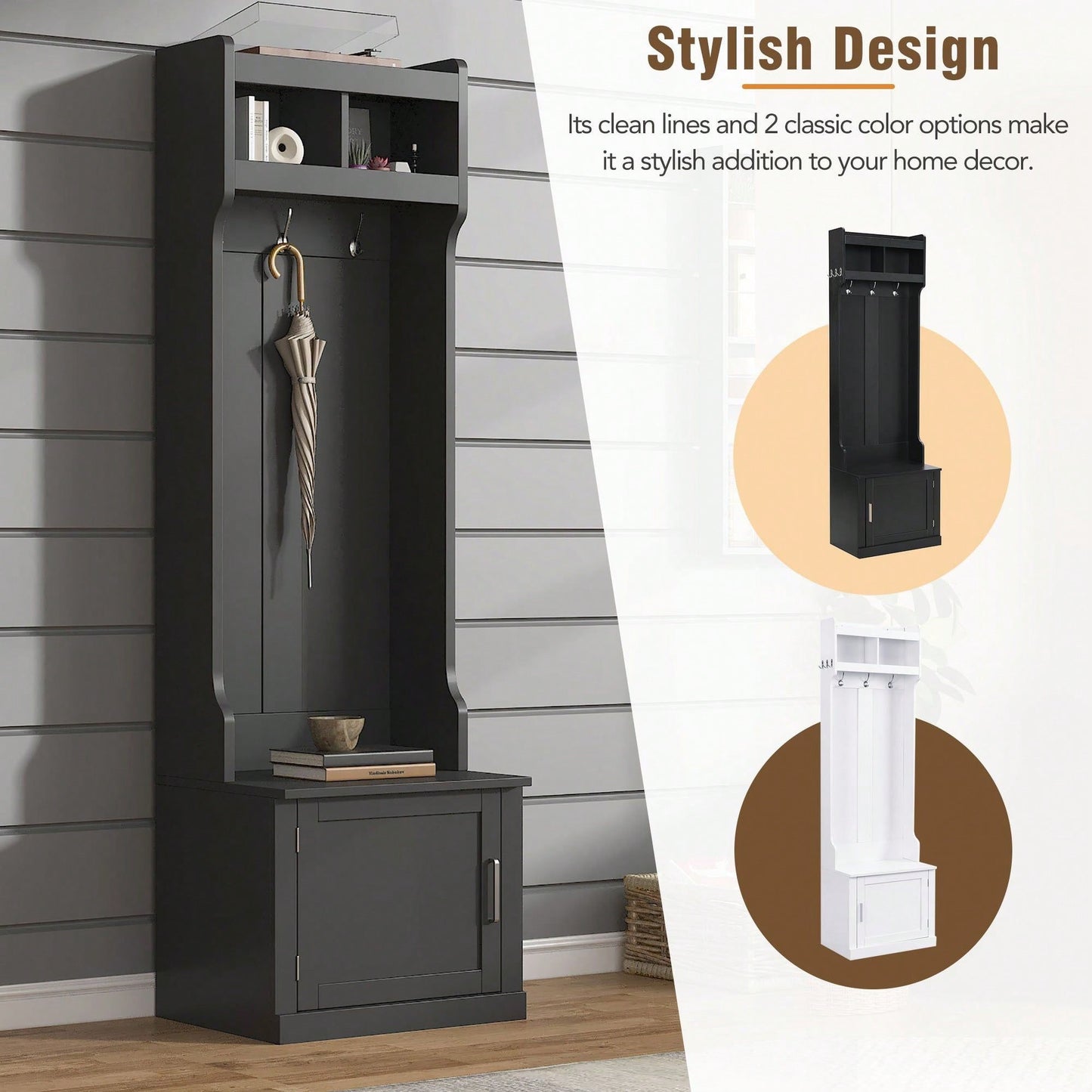 Sleek Minimalist Hall Tree with Storage Cabinet and 6 Hooks for Entryway and Living Room