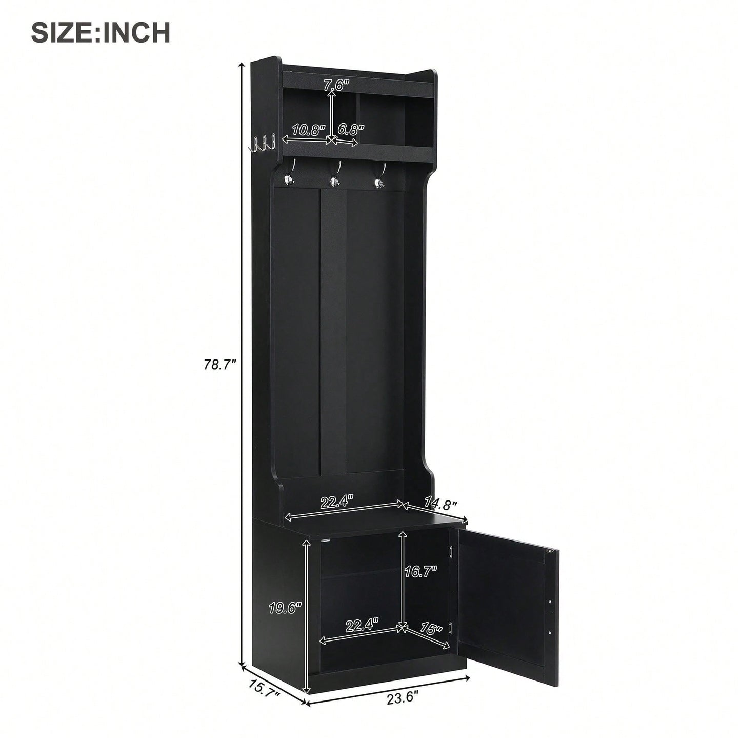 Sleek Minimalist Hall Tree with Storage Cabinet and 6 Hooks for Entryway and Living Room