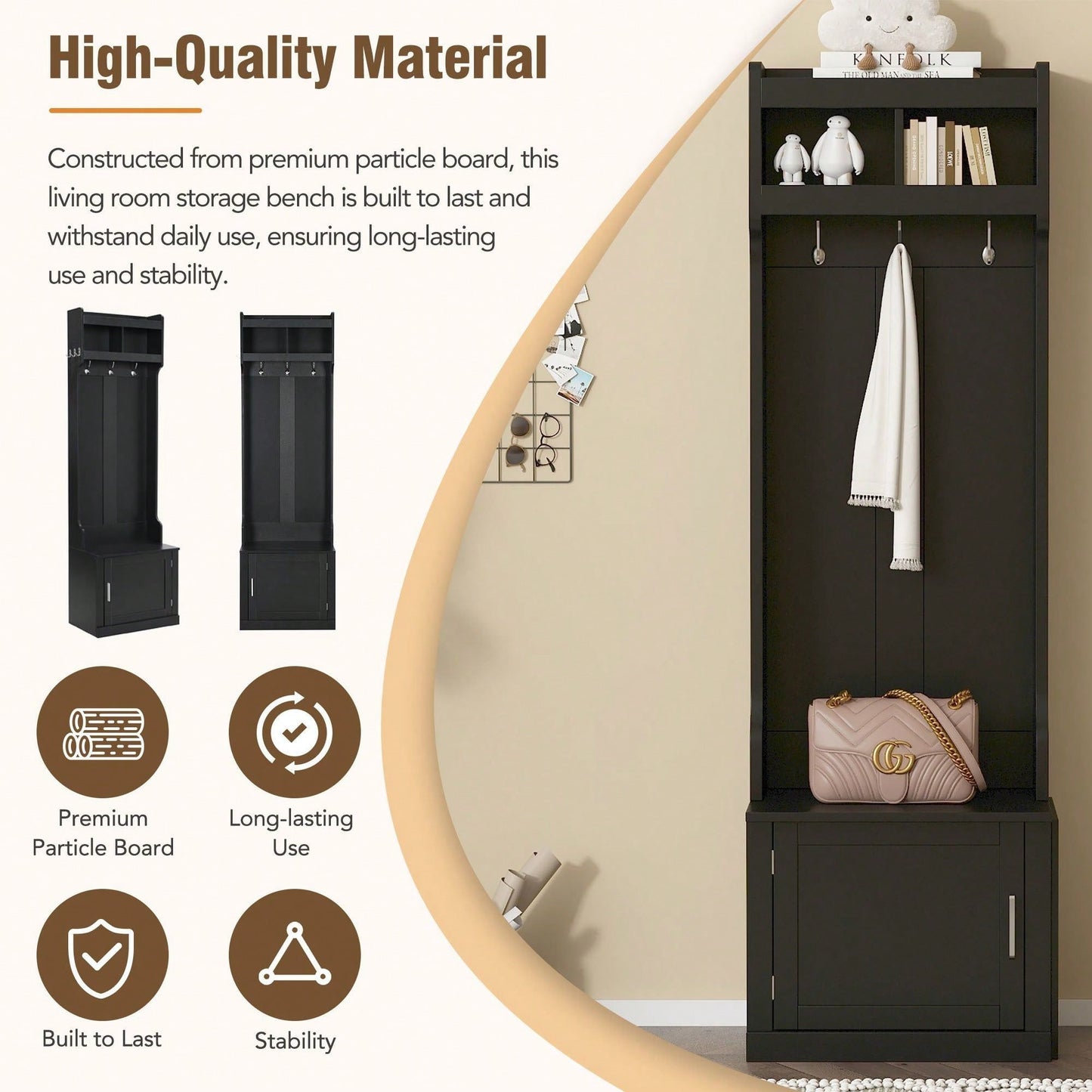 Sleek Minimalist Hall Tree with Storage Cabinet and 6 Hooks for Entryway and Living Room