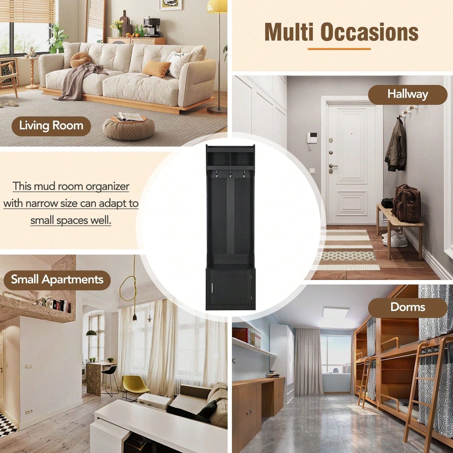 Sleek Minimalist Hall Tree with Storage Cabinet and 6 Hooks for Entryway and Living Room