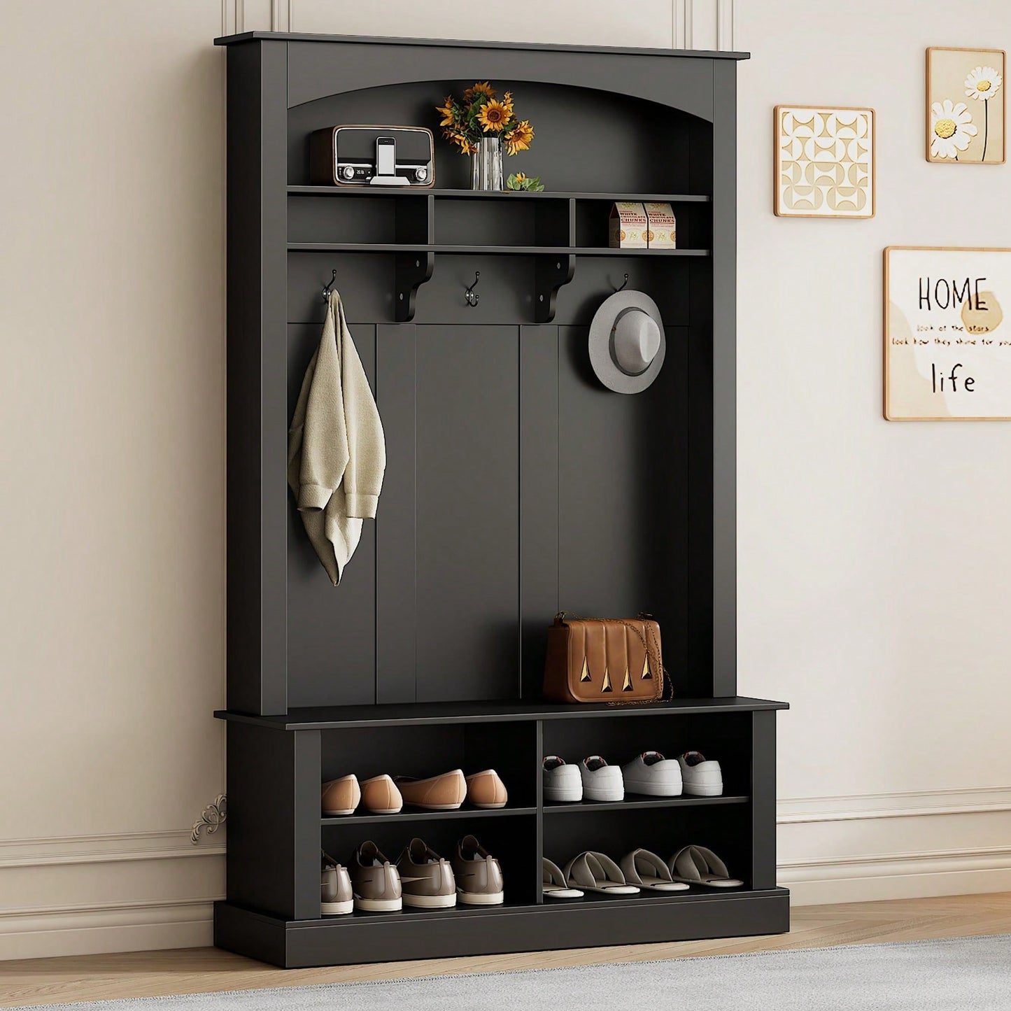 47.2 Inch Wide Hall Tree Bench with Shoe Storage and Hooks for Entryway Organization