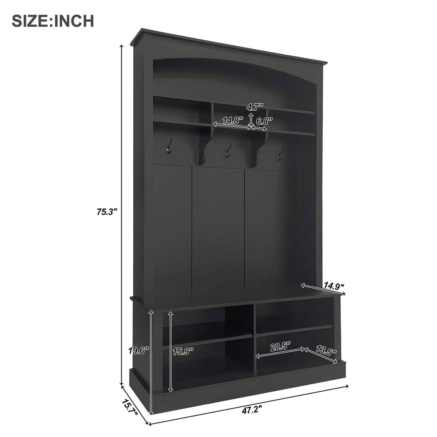 47.2 Inch Wide Hall Tree Bench with Shoe Storage and Hooks for Entryway Organization