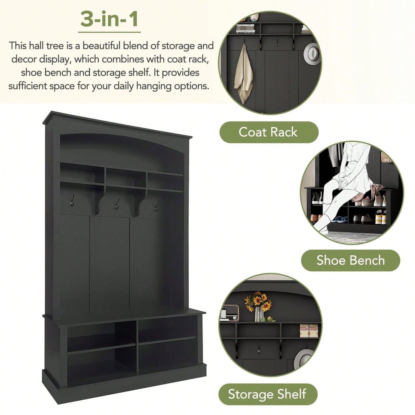 47.2 Inch Wide Hall Tree Bench with Shoe Storage and Hooks for Entryway Organization