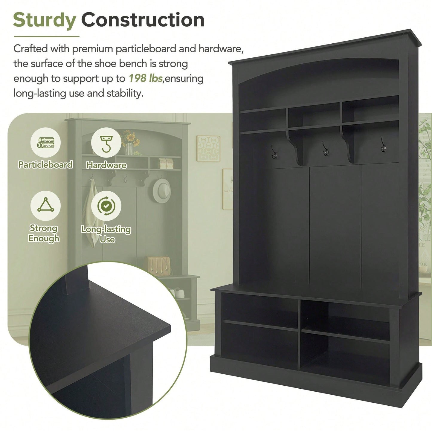 47.2 Inch Wide Hall Tree Bench with Shoe Storage and Hooks for Entryway Organization