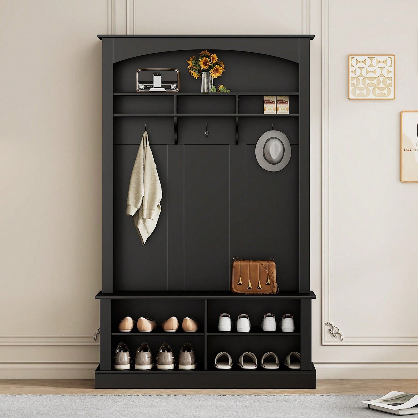 47.2 Inch Wide Hall Tree Bench with Shoe Storage and Hooks for Entryway Organization