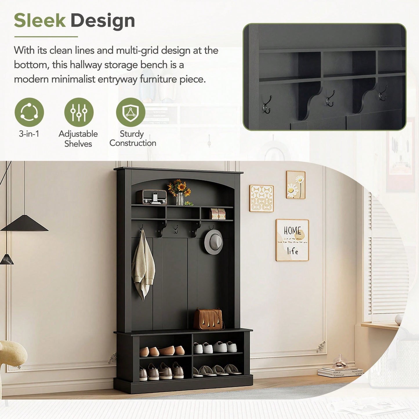 47.2 Inch Wide Hall Tree Bench with Shoe Storage and Hooks for Entryway Organization