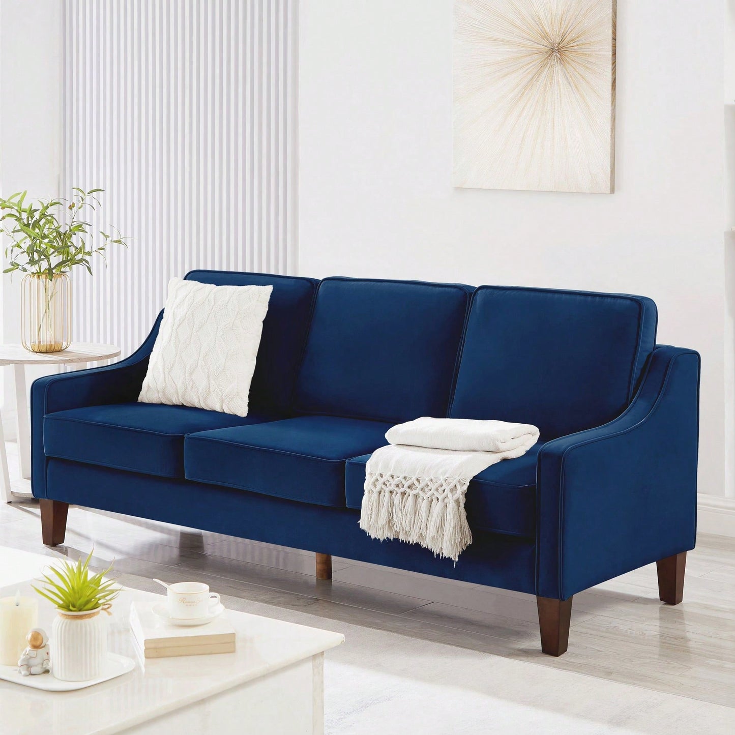 3 Seater Sofa With Scooped Armrest,Upholstered Velvet Cushion Sofa With Wooden Legs