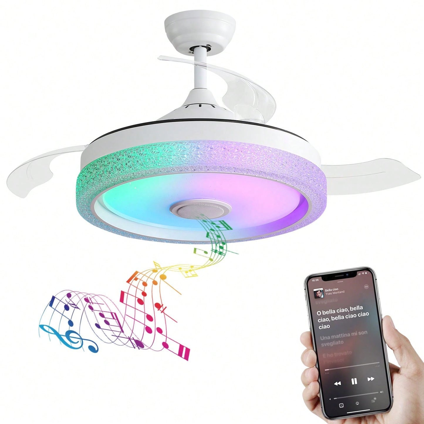 42 Inch Modern Invisible Ceiling Fan with Remote Control Reversible DC Motor and 36W LED Light Smart App Control ETL Certified