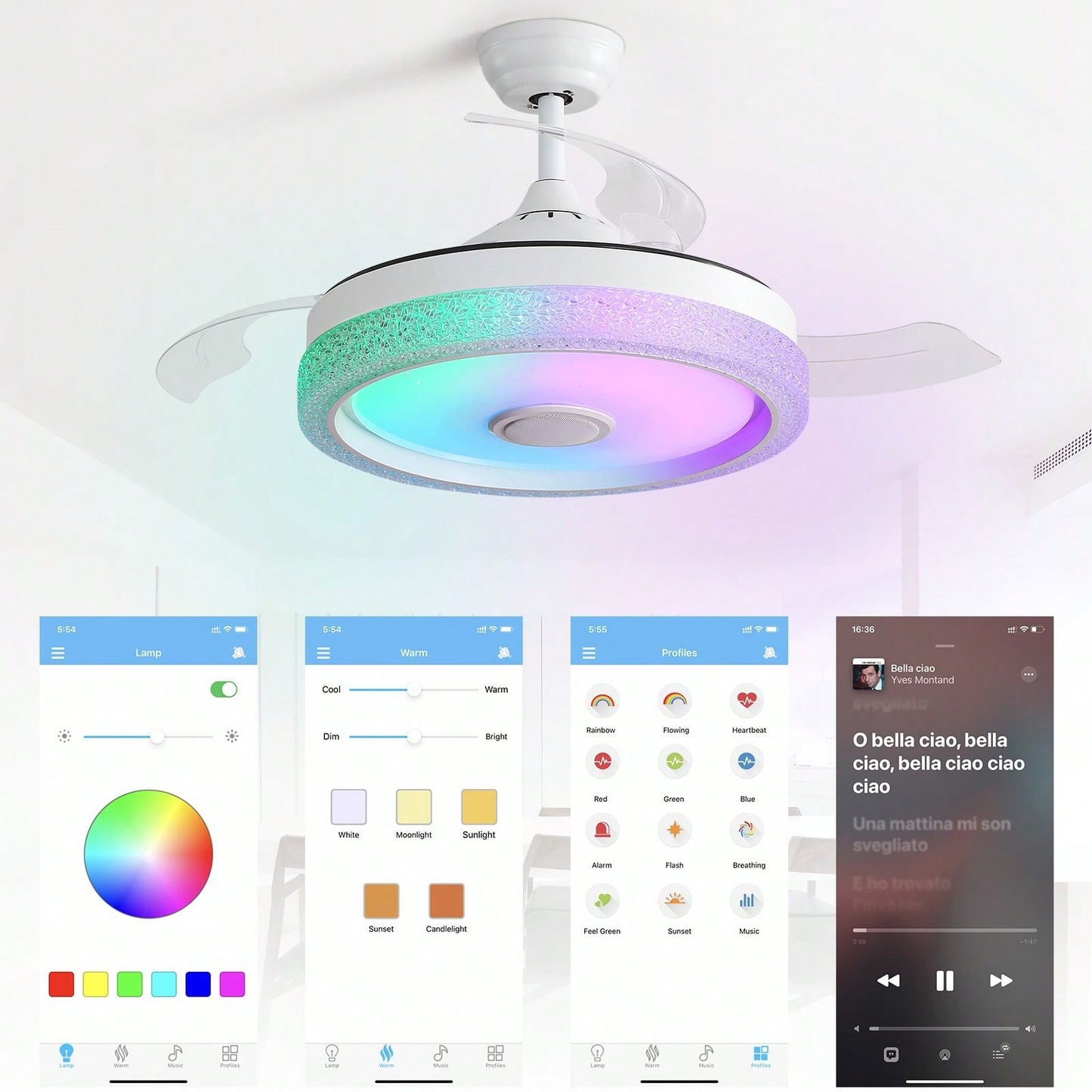 42 Inch Modern Invisible Ceiling Fan with Remote Control Reversible DC Motor and 36W LED Light Smart App Control ETL Certified