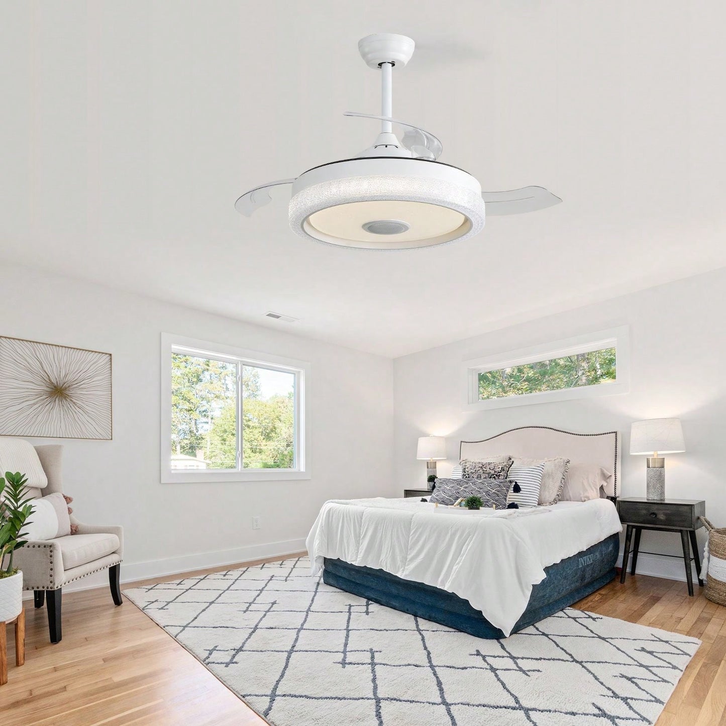 42 Inch Modern Invisible Ceiling Fan with Remote Control Reversible DC Motor and 36W LED Light Smart App Control ETL Certified