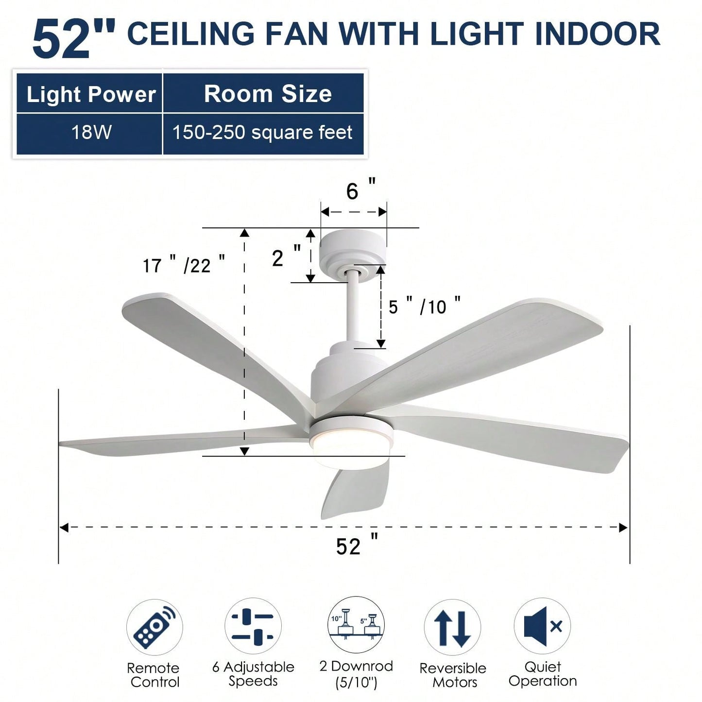 52 Inch Indoor Ceiling Fan With 120V Dimmable 5 Solid Wood Blades Remote Control Reversible DC Motor With Led Light Minimalist Style