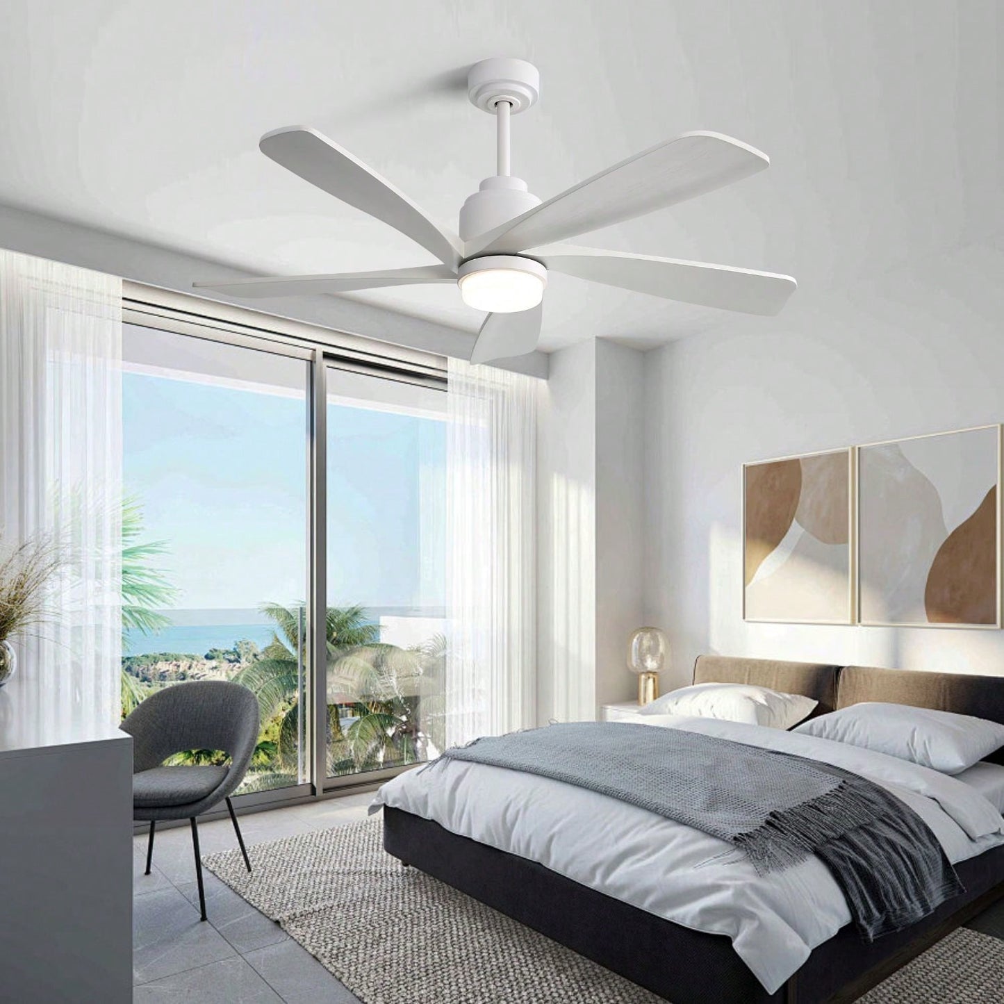 52 Inch Indoor Ceiling Fan With 120V Dimmable 5 Solid Wood Blades Remote Control Reversible DC Motor With Led Light Minimalist Style