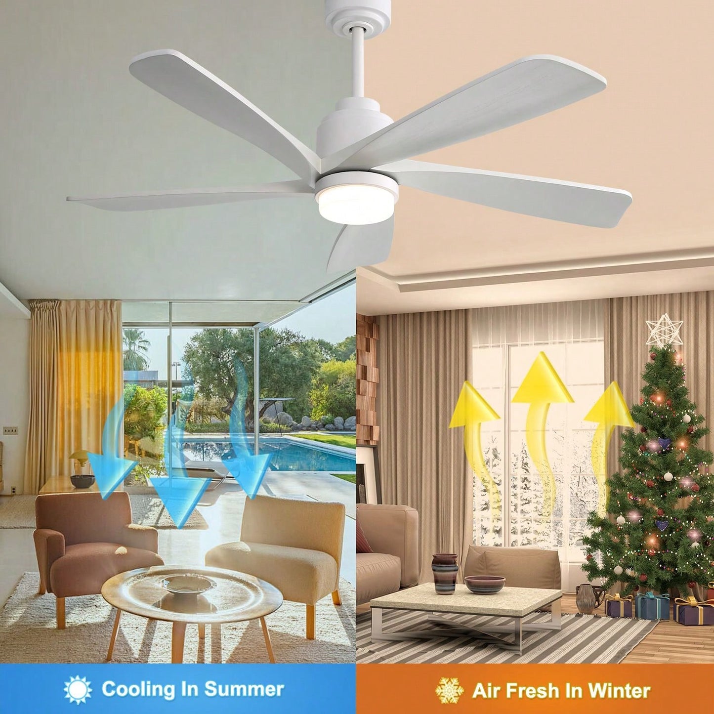 52 Inch Indoor Ceiling Fan With 120V Dimmable 5 Solid Wood Blades Remote Control Reversible DC Motor With Led Light Minimalist Style