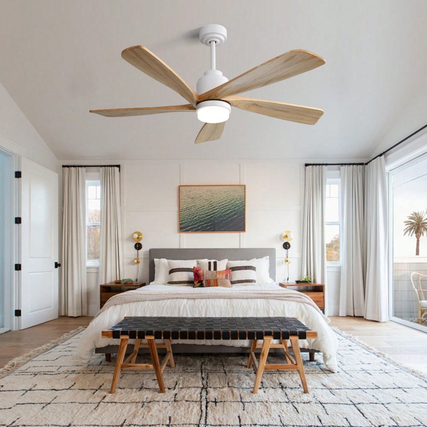 52 Inch Indoor Ceiling Fan With 120V Dimmable 5 Solid Wood Blades Remote Control Reversible DC Motor With Led Light Minimalist Style