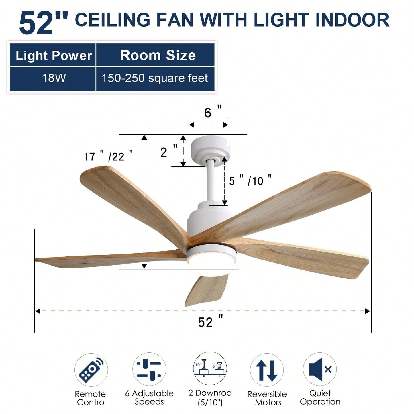 52 Inch Indoor Ceiling Fan With 120V Dimmable 5 Solid Wood Blades Remote Control Reversible DC Motor With Led Light Minimalist Style