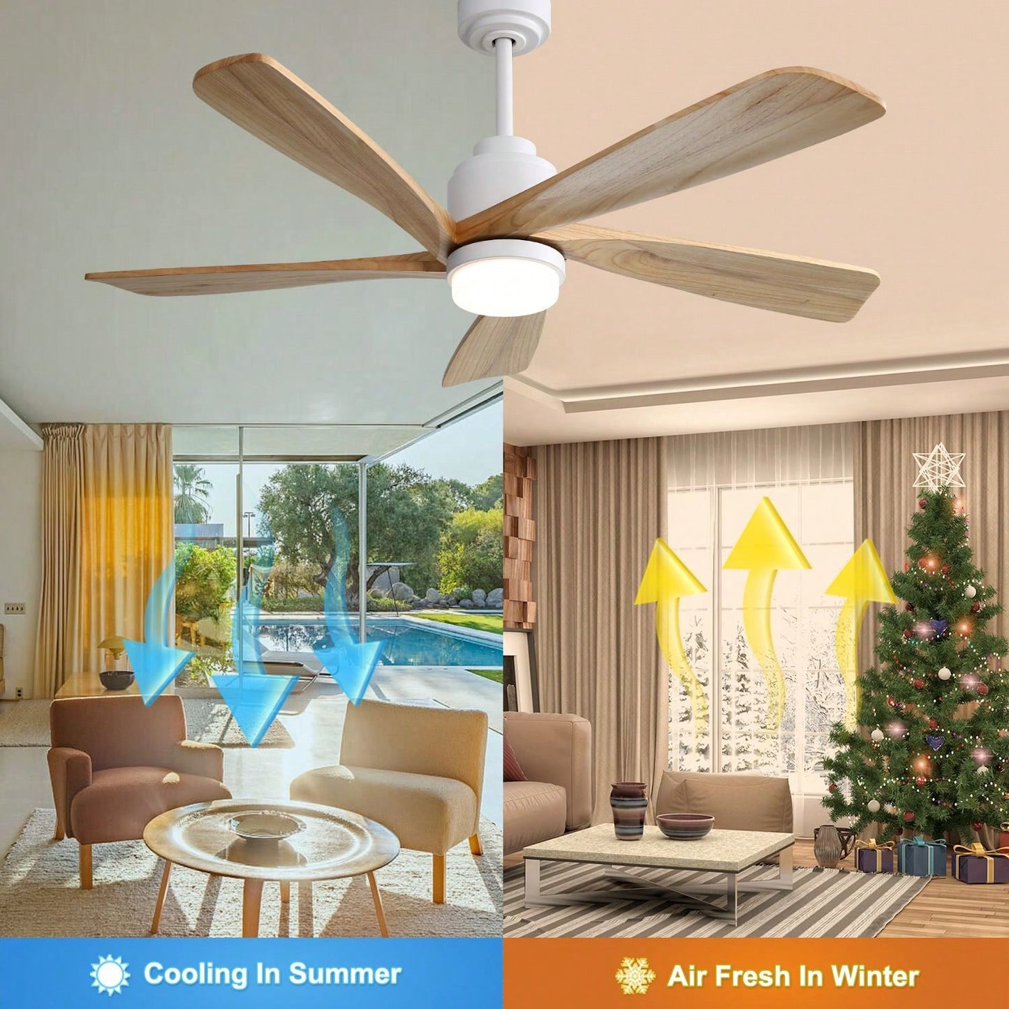 52 Inch Indoor Ceiling Fan With 120V Dimmable 5 Solid Wood Blades Remote Control Reversible DC Motor With Led Light Minimalist Style