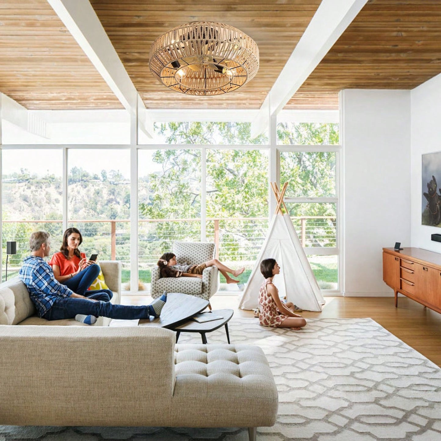 22 Inch New Boho Caged Ceiling Fan With Enclosed Rattan 6 Speeds Remote Control Reversible DC Motor With ETL