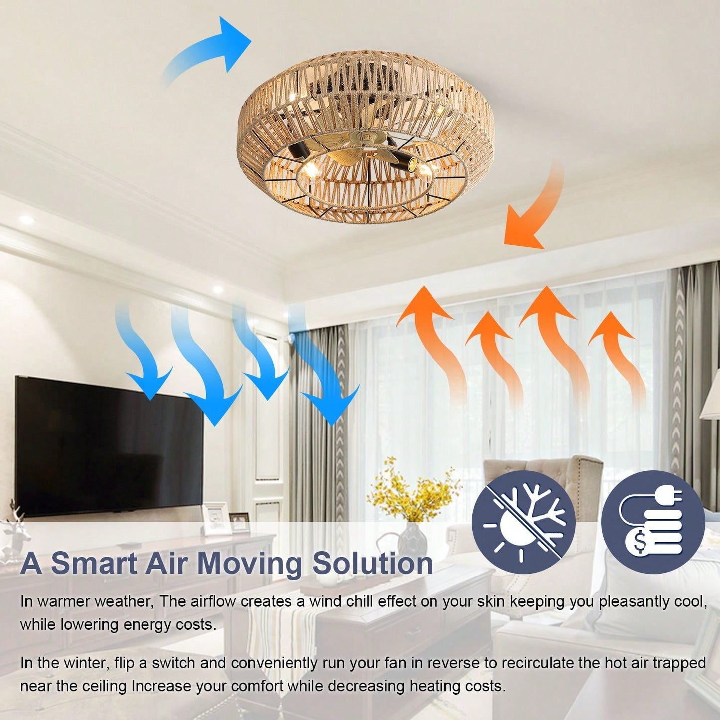 22 Inch New Boho Caged Ceiling Fan With Enclosed Rattan 6 Speeds Remote Control Reversible DC Motor With ETL