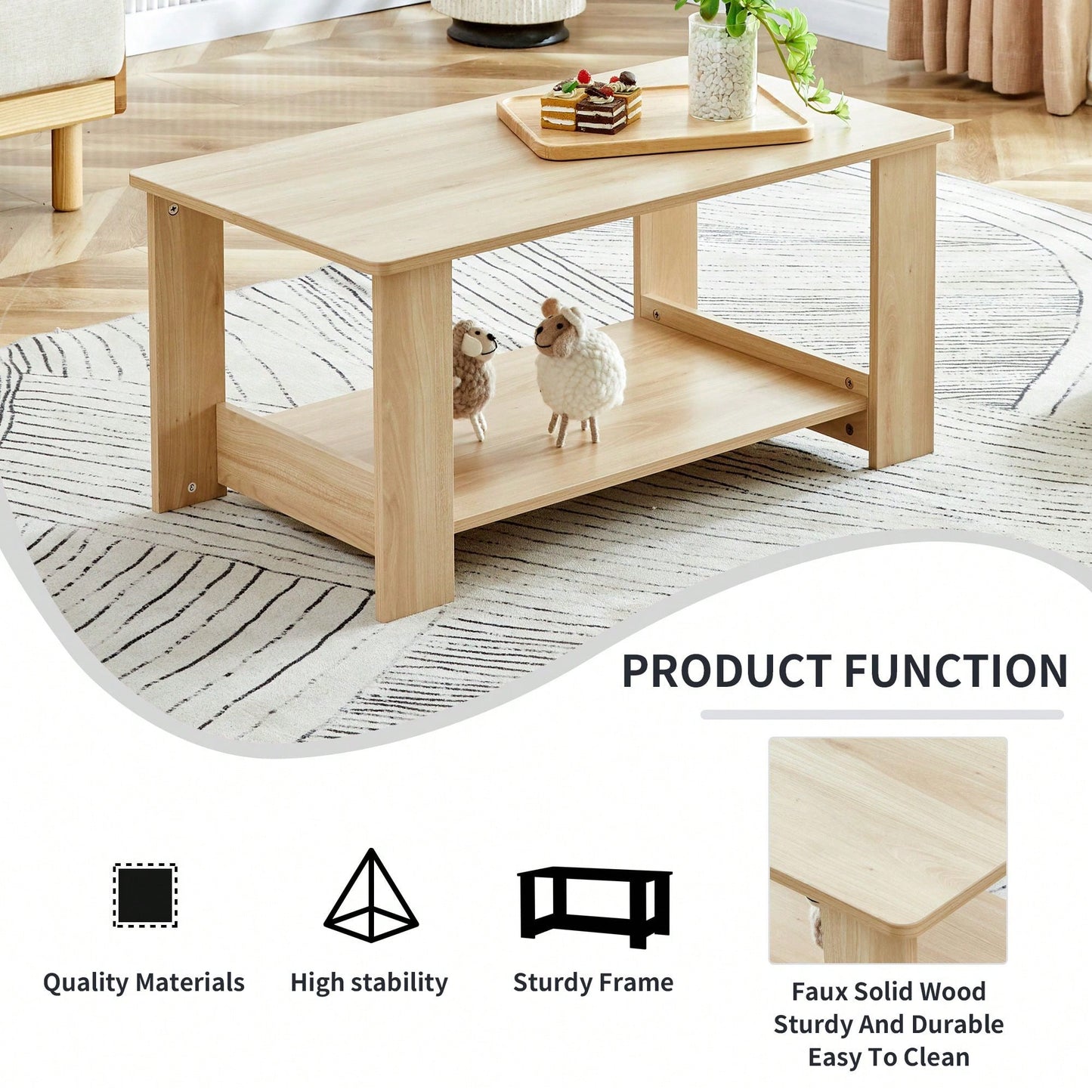 Double Layered Rectangular Coffee Table, Tea Table.MDF Material, Easy To Clean
