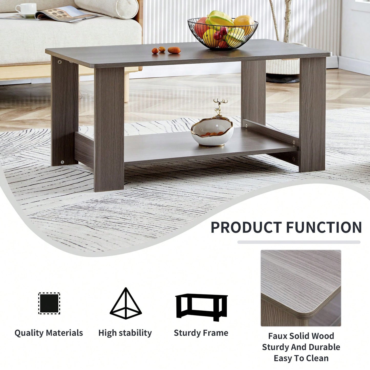 Double Layered Rectangular Coffee Table, Tea Table.MDF Material, Easy To Clean