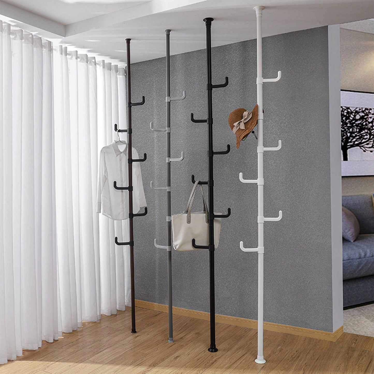 Adjustable Laundry Pole Clothes Drying Rack Coat Hanger DIY Floor To Ceiling Tension Rod Storage Organizer For Indoor, Balcony