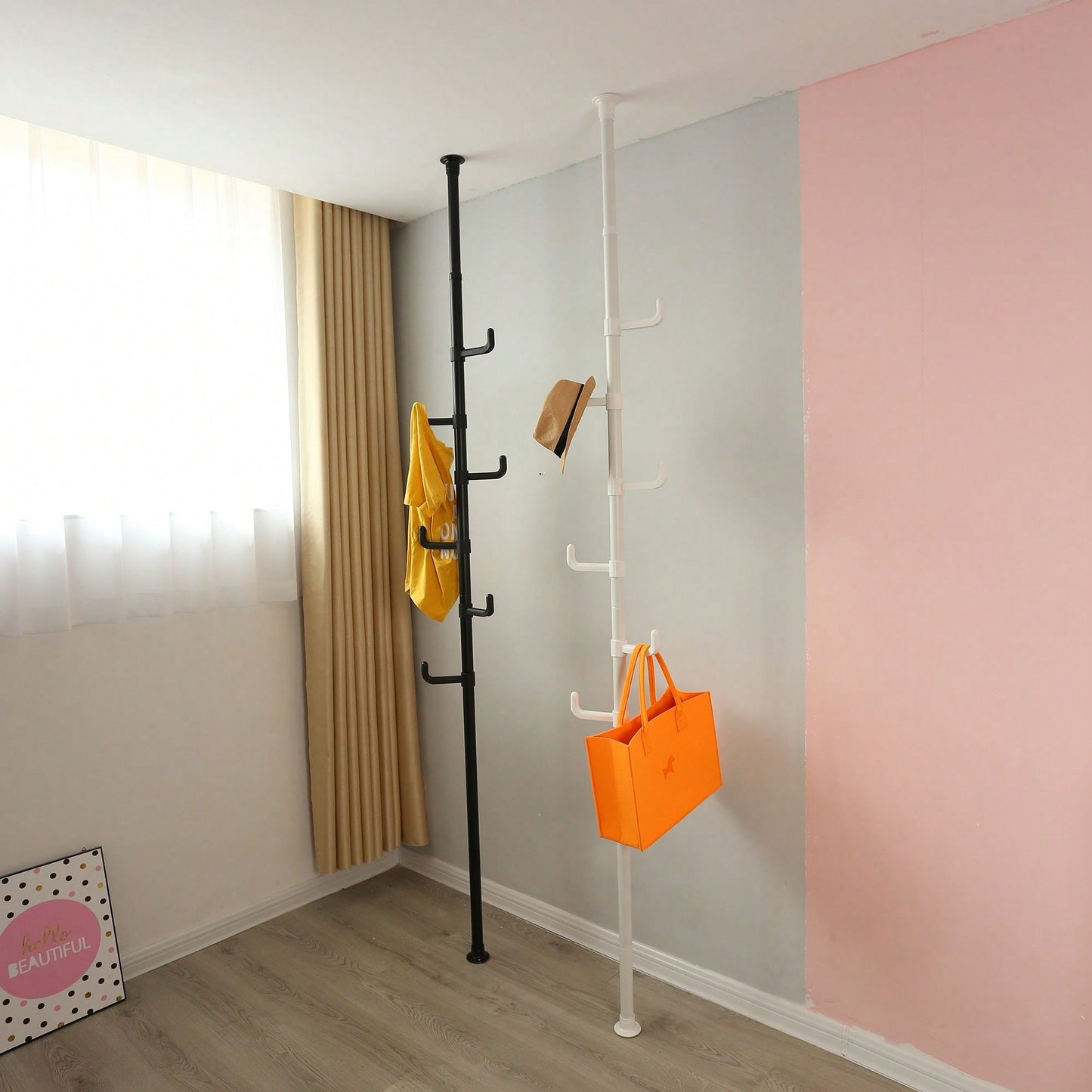 Adjustable Laundry Pole Clothes Drying Rack Coat Hanger DIY Floor To Ceiling Tension Rod Storage Organizer For Indoor, Balcony