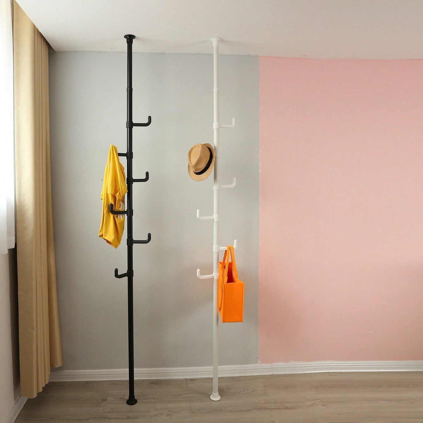 Adjustable Laundry Pole Clothes Drying Rack Coat Hanger DIY Floor To Ceiling Tension Rod Storage Organizer For Indoor, Balcony