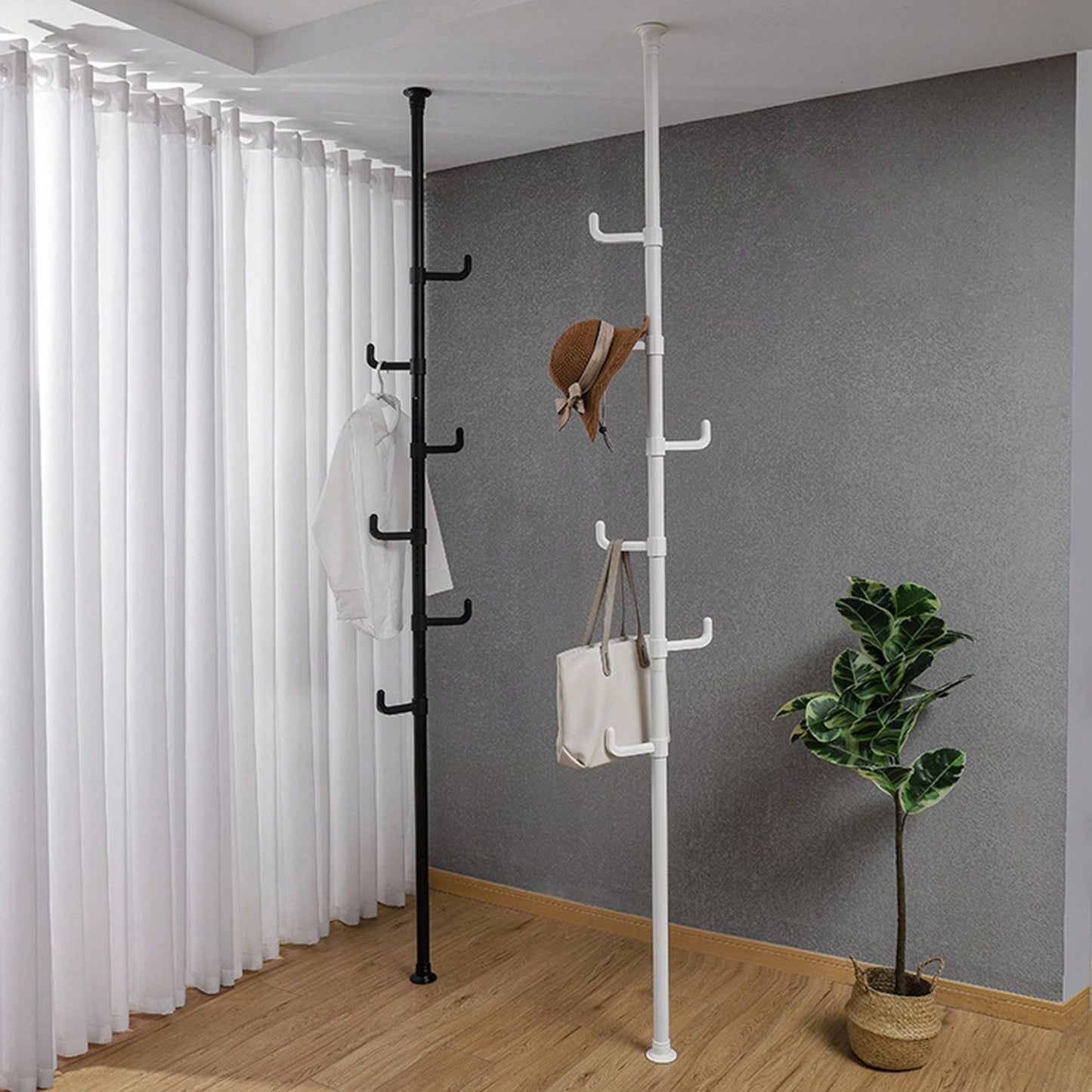 Adjustable Laundry Pole Clothes Drying Rack Coat Hanger DIY Floor To Ceiling Tension Rod Storage Organizer For Indoor, Balcony