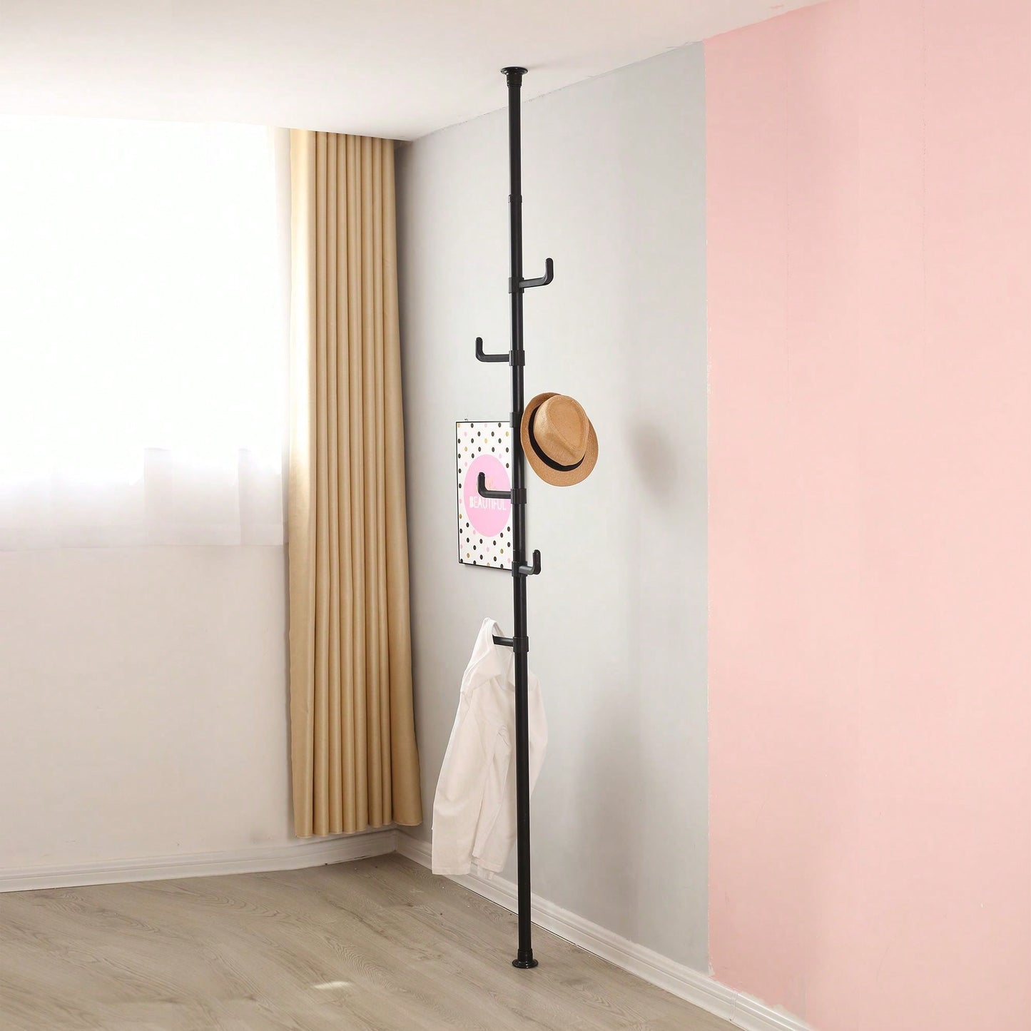 Adjustable Laundry Pole Clothes Drying Rack Coat Hanger DIY Floor To Ceiling Tension Rod Storage Organizer For Indoor, Balcony