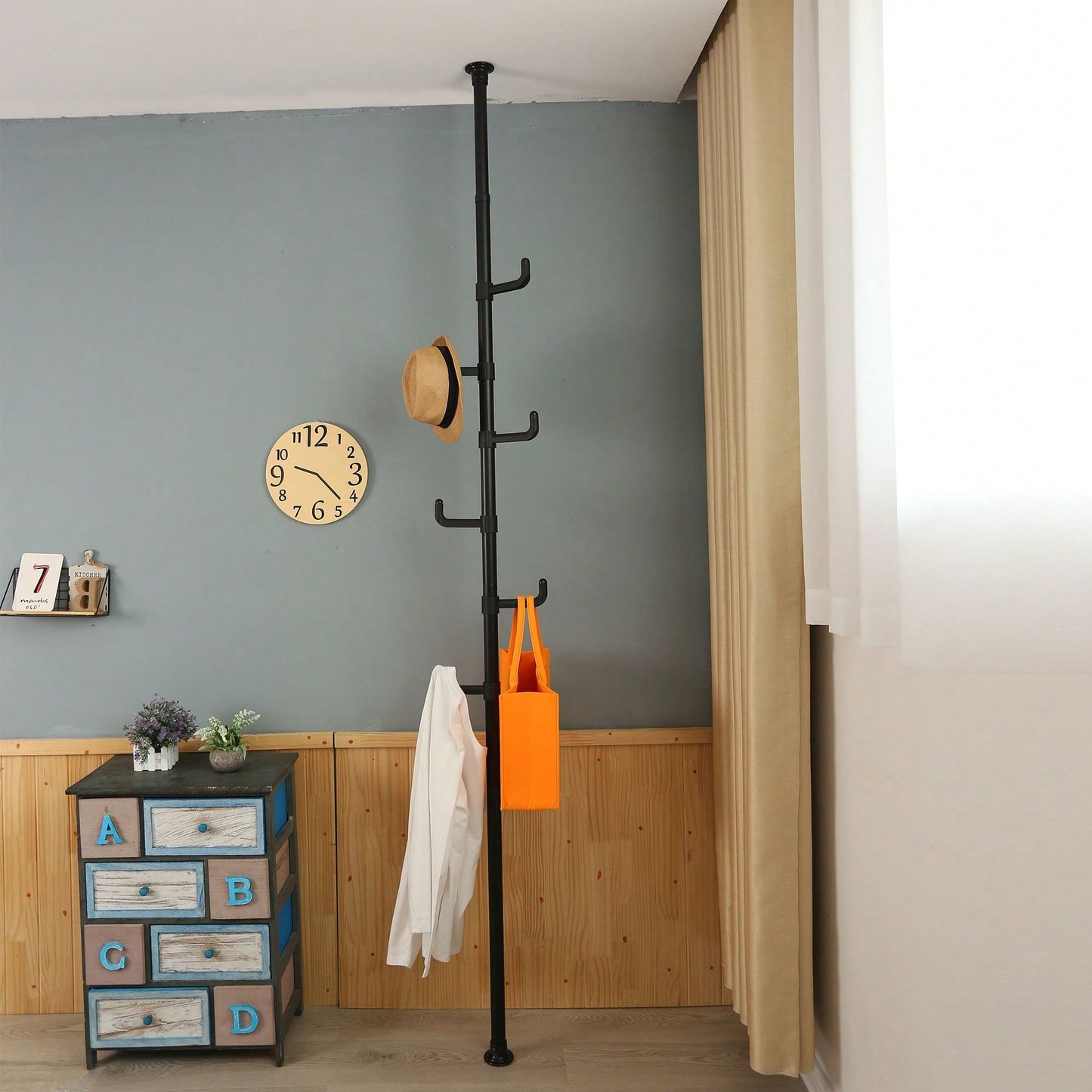 Adjustable Laundry Pole Clothes Drying Rack Coat Hanger DIY Floor To Ceiling Tension Rod Storage Organizer For Indoor, Balcony
