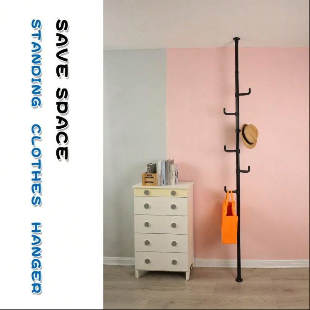 Adjustable Laundry Pole Clothes Drying Rack Coat Hanger DIY Floor To Ceiling Tension Rod Storage Organizer For Indoor, Balcony