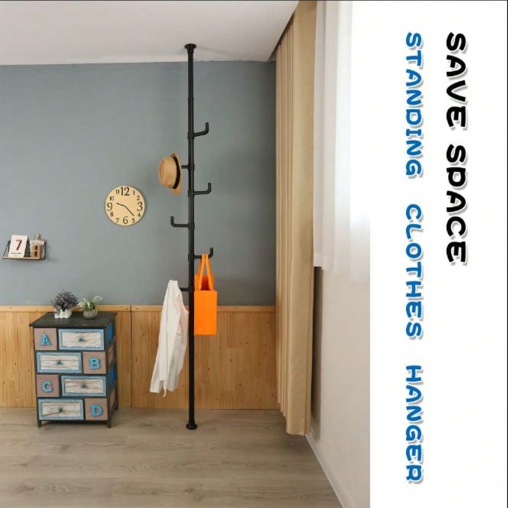 Adjustable Laundry Pole Clothes Drying Rack Coat Hanger DIY Floor To Ceiling Tension Rod Storage Organizer For Indoor, Balcony