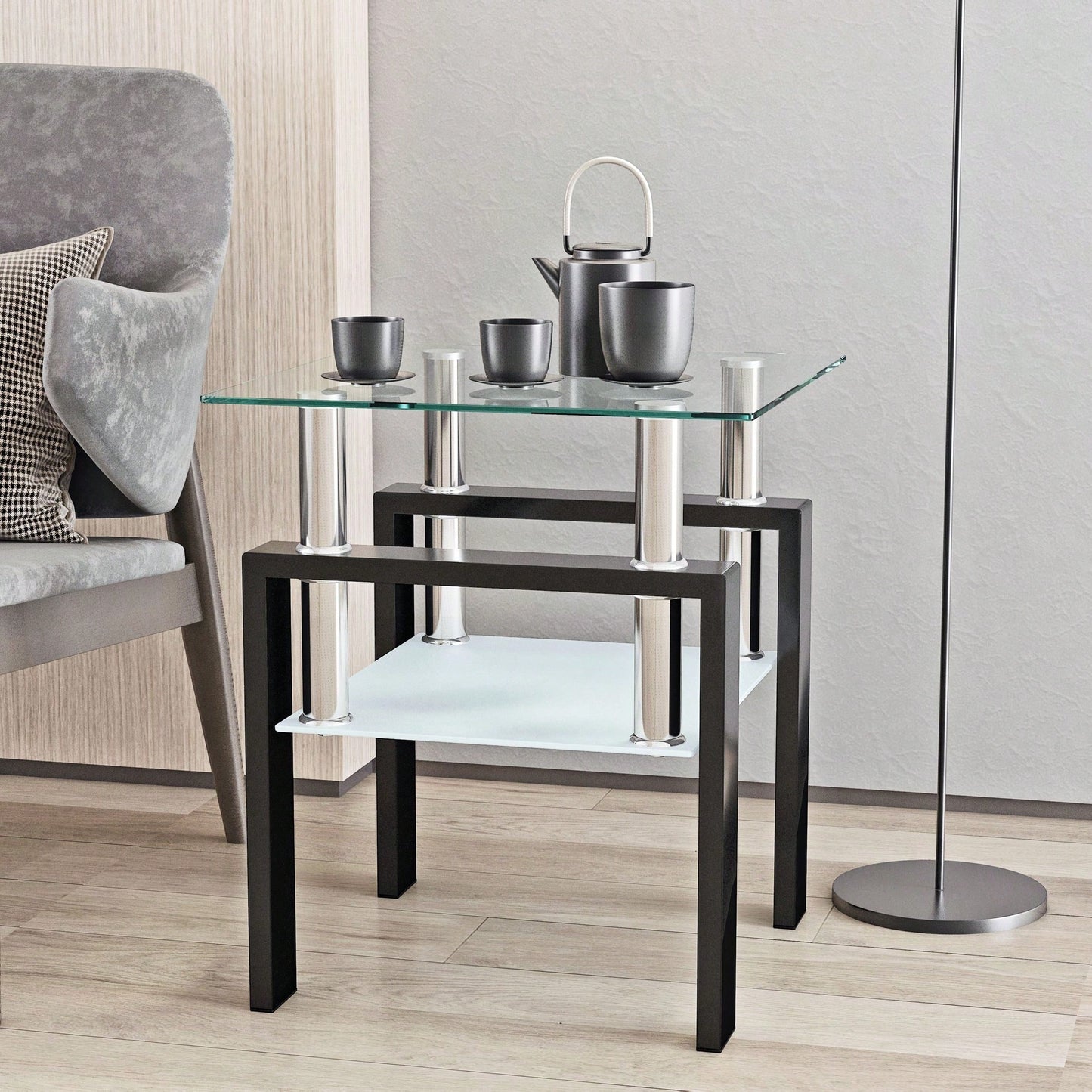 Tempered Glass Side Table With Metal Leg: Elegant Design, Transparent/Frosted Glass Layers, 150lbs Load-Bearing Capacity