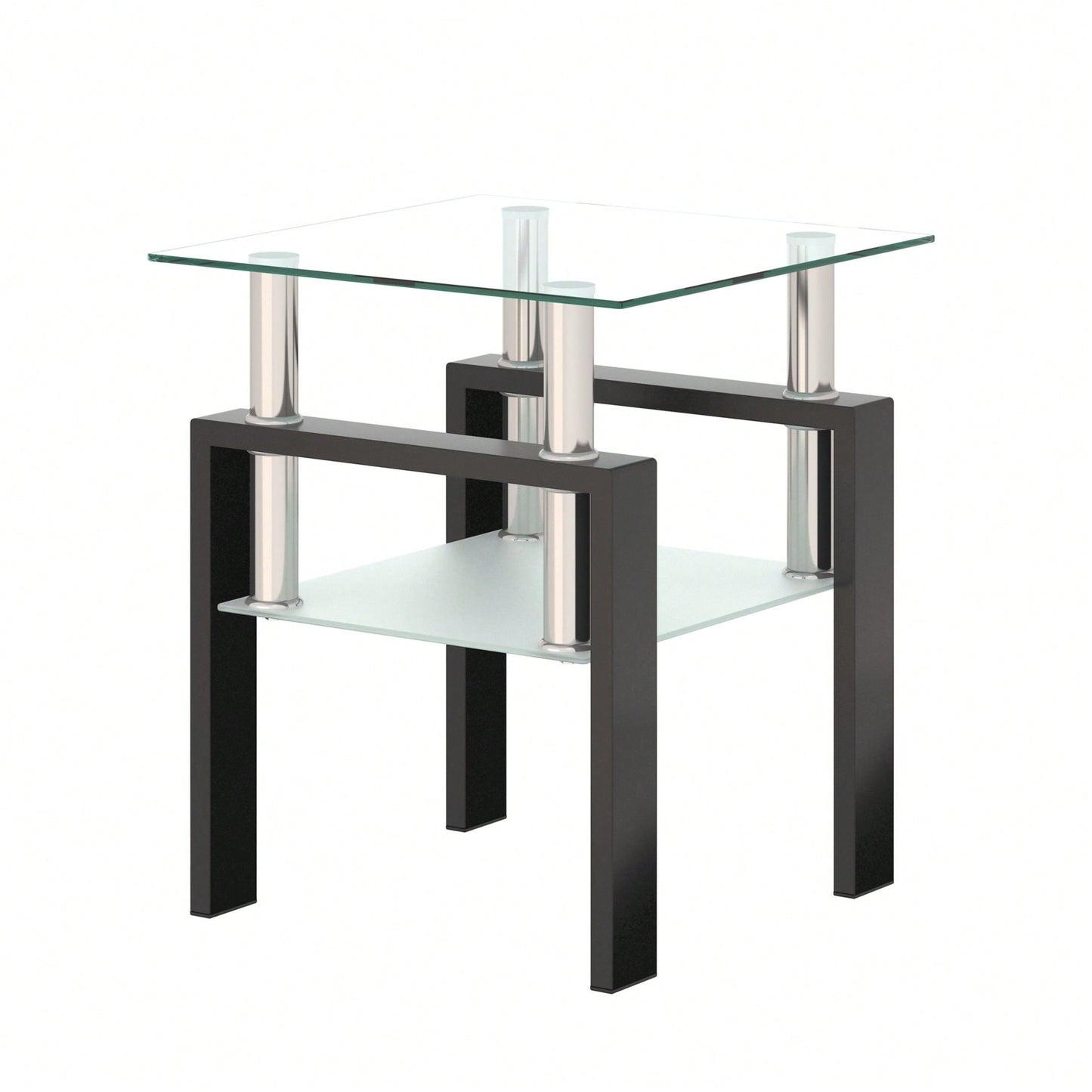 Tempered Glass Side Table With Metal Leg: Elegant Design, Transparent/Frosted Glass Layers, 150lbs Load-Bearing Capacity