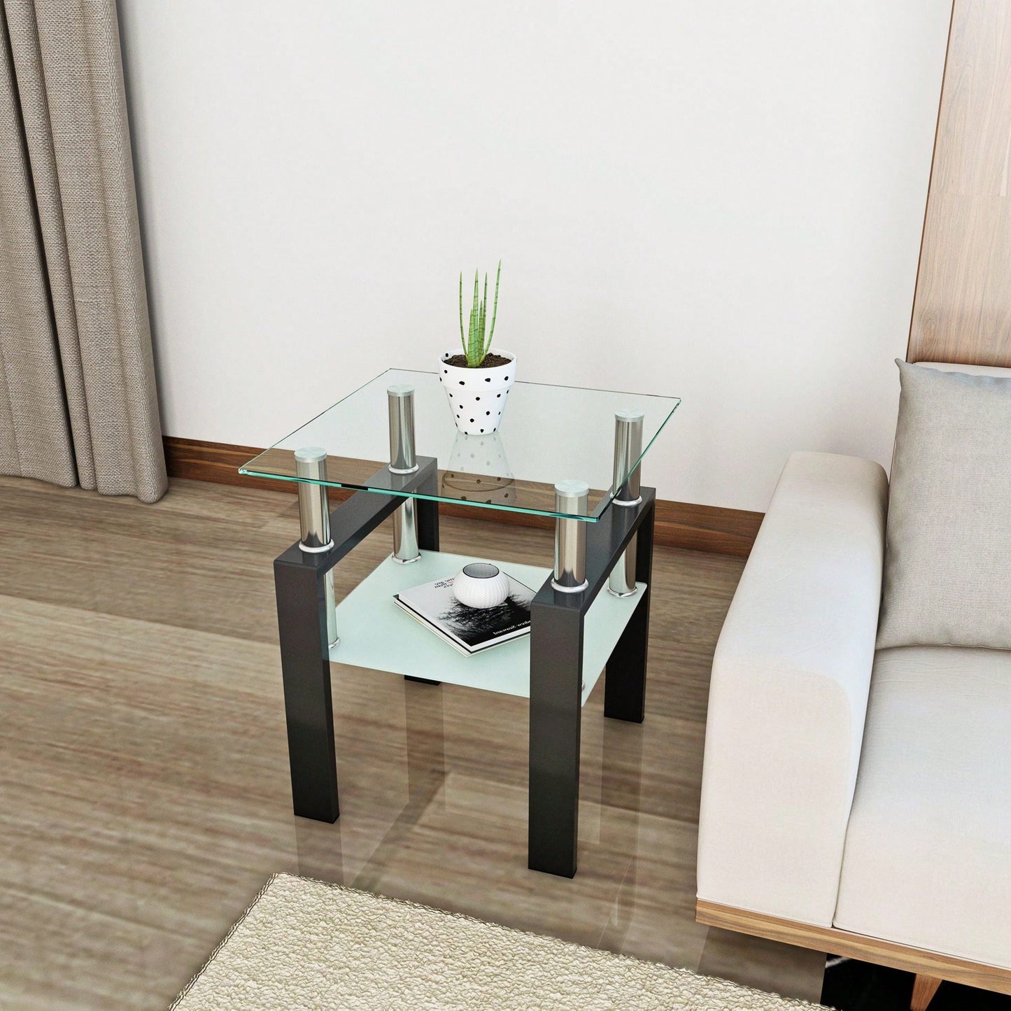 Tempered Glass Side Table With Metal Leg: Elegant Design, Transparent/Frosted Glass Layers, 150lbs Load-Bearing Capacity