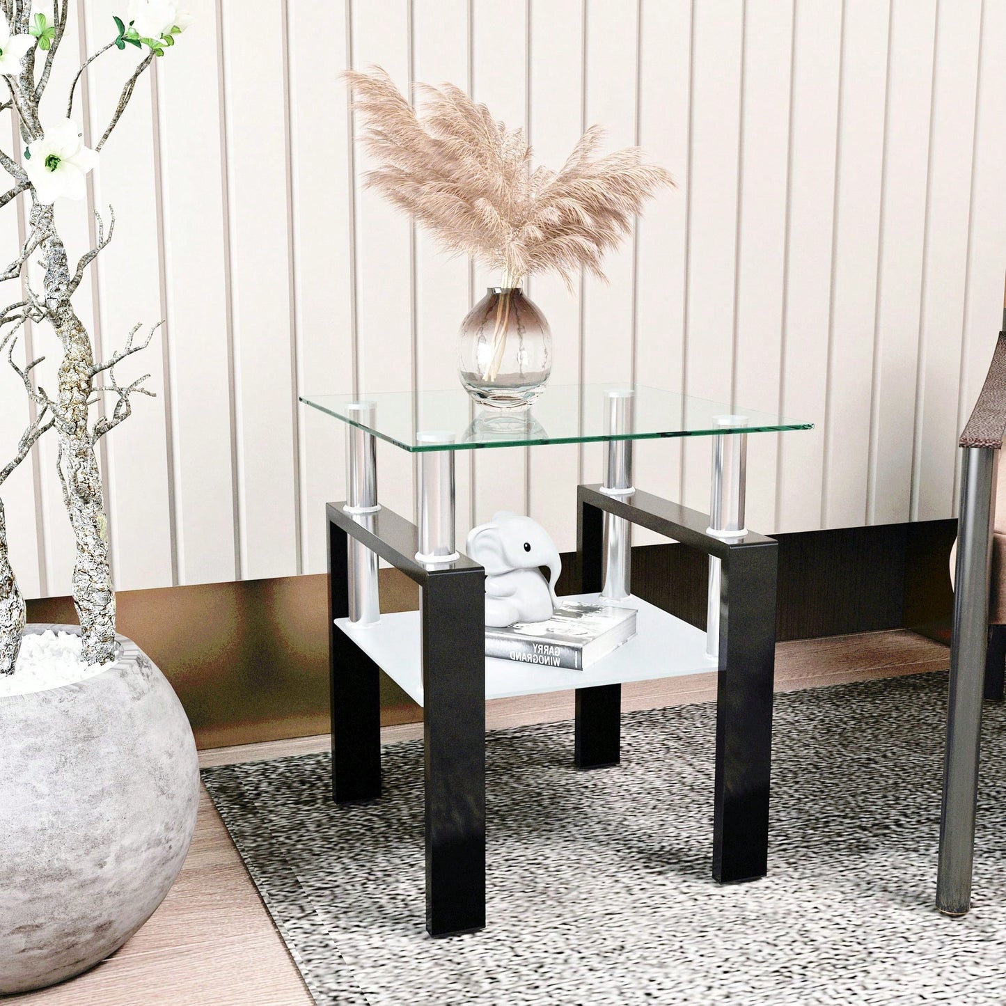 Tempered Glass Side Table With Metal Leg: Elegant Design, Transparent/Frosted Glass Layers, 150lbs Load-Bearing Capacity