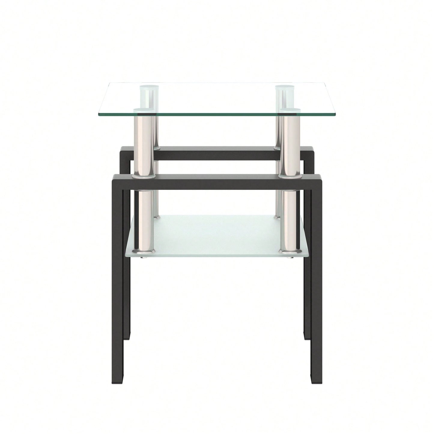 Tempered Glass Side Table With Metal Leg: Elegant Design, Transparent/Frosted Glass Layers, 150lbs Load-Bearing Capacity