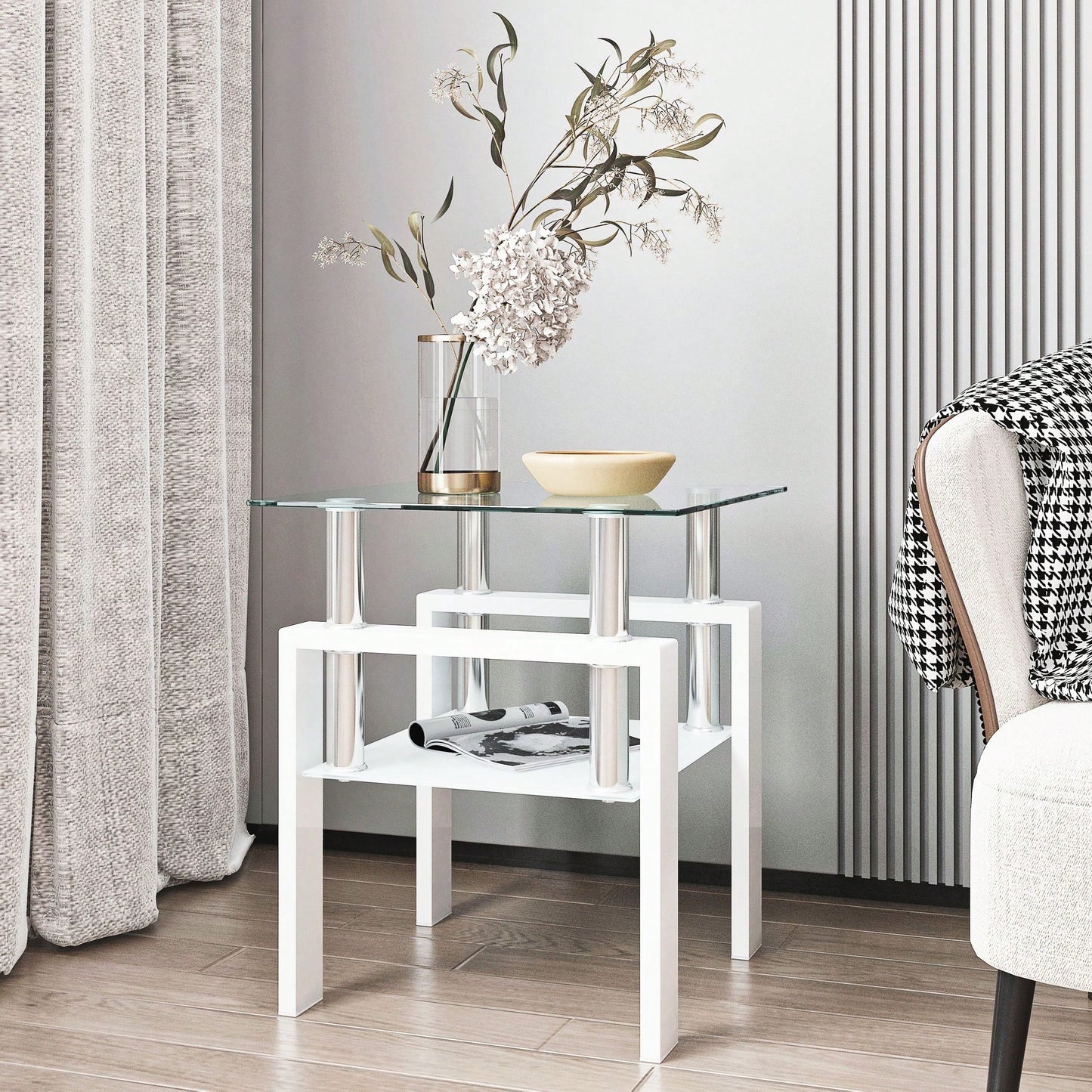 Tempered Glass Side Table With Metal Leg: Elegant Design, Transparent/Frosted Glass Layers, 150lbs Load-Bearing Capacity