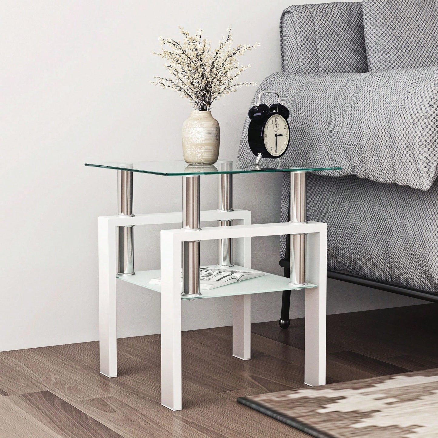 Tempered Glass Side Table With Metal Leg: Elegant Design, Transparent/Frosted Glass Layers, 150lbs Load-Bearing Capacity