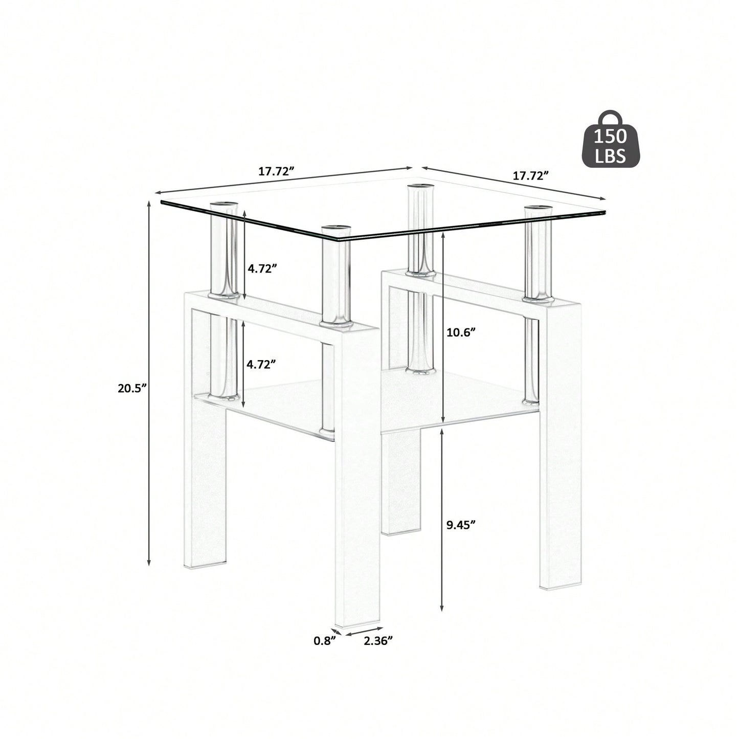 Tempered Glass Side Table With Metal Leg: Elegant Design, Transparent/Frosted Glass Layers, 150lbs Load-Bearing Capacity