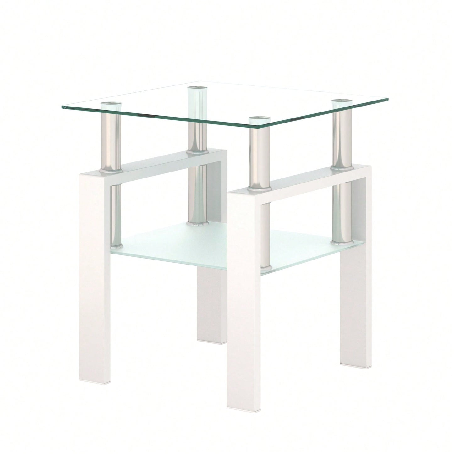 Tempered Glass Side Table With Metal Leg: Elegant Design, Transparent/Frosted Glass Layers, 150lbs Load-Bearing Capacity