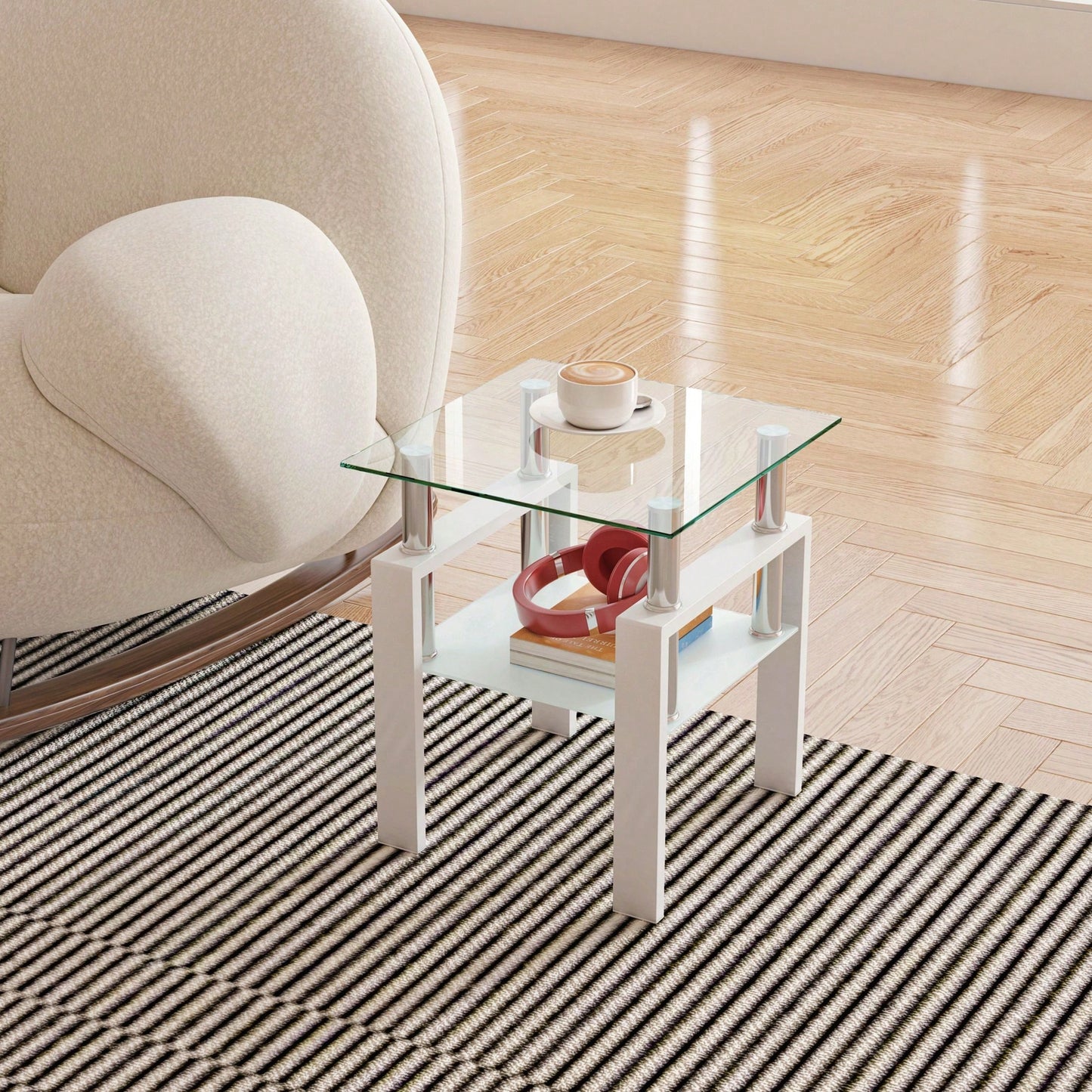 Tempered Glass Side Table With Metal Leg: Elegant Design, Transparent/Frosted Glass Layers, 150lbs Load-Bearing Capacity