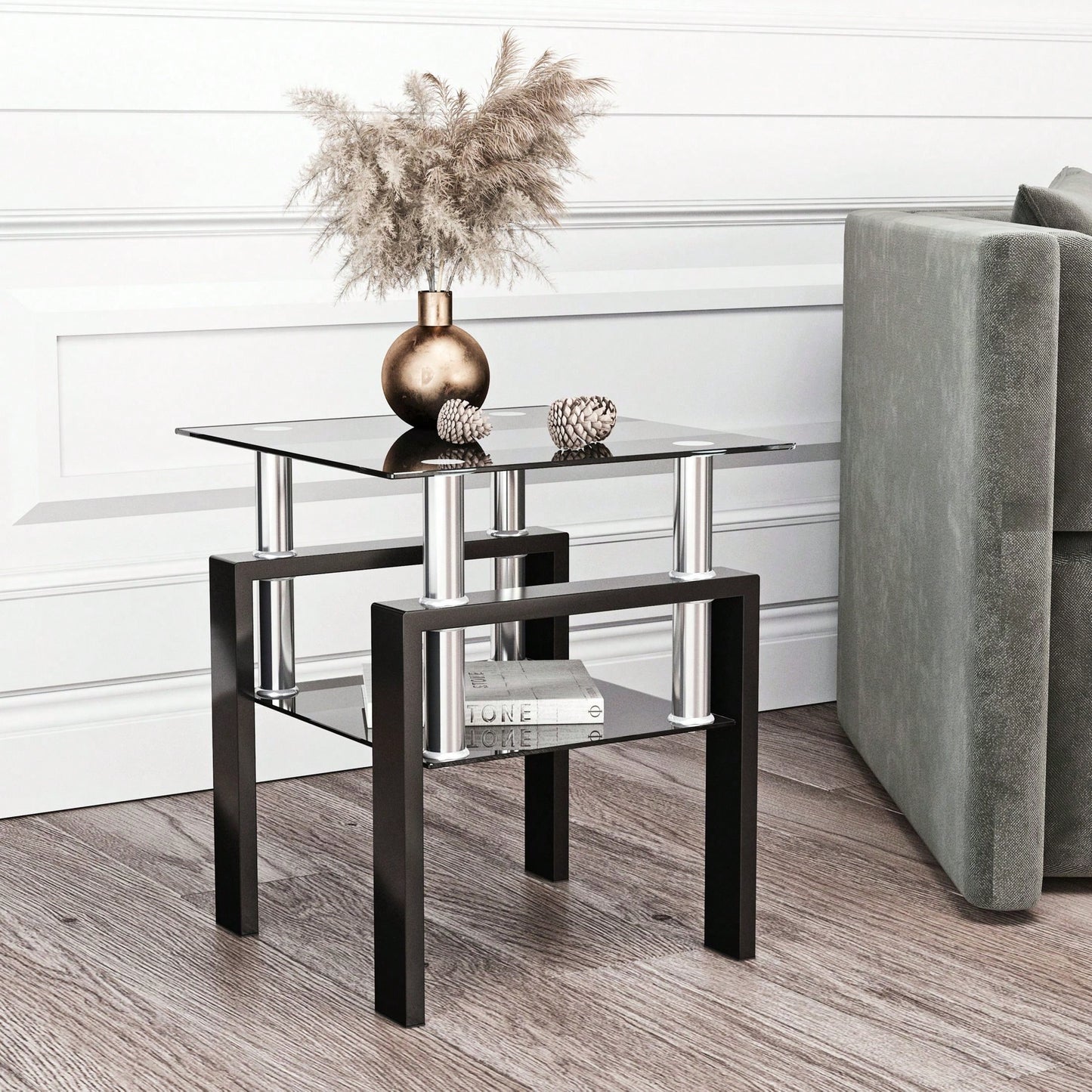 Tempered Glass Side Table With Metal Leg: Elegant Design, Transparent/Frosted Glass Layers, 150lbs Load-Bearing Capacity