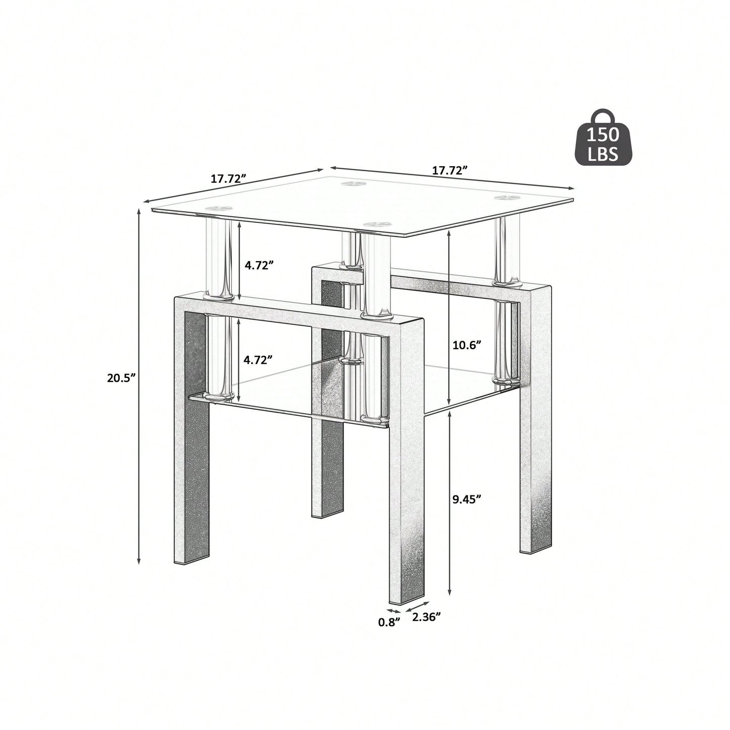 Tempered Glass Side Table With Metal Leg: Elegant Design, Transparent/Frosted Glass Layers, 150lbs Load-Bearing Capacity