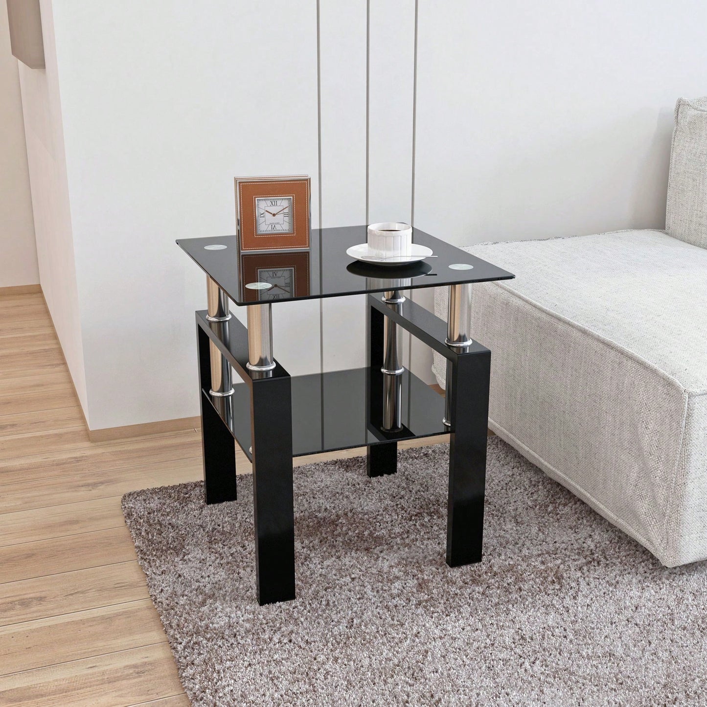 Tempered Glass Side Table With Metal Leg: Elegant Design, Transparent/Frosted Glass Layers, 150lbs Load-Bearing Capacity