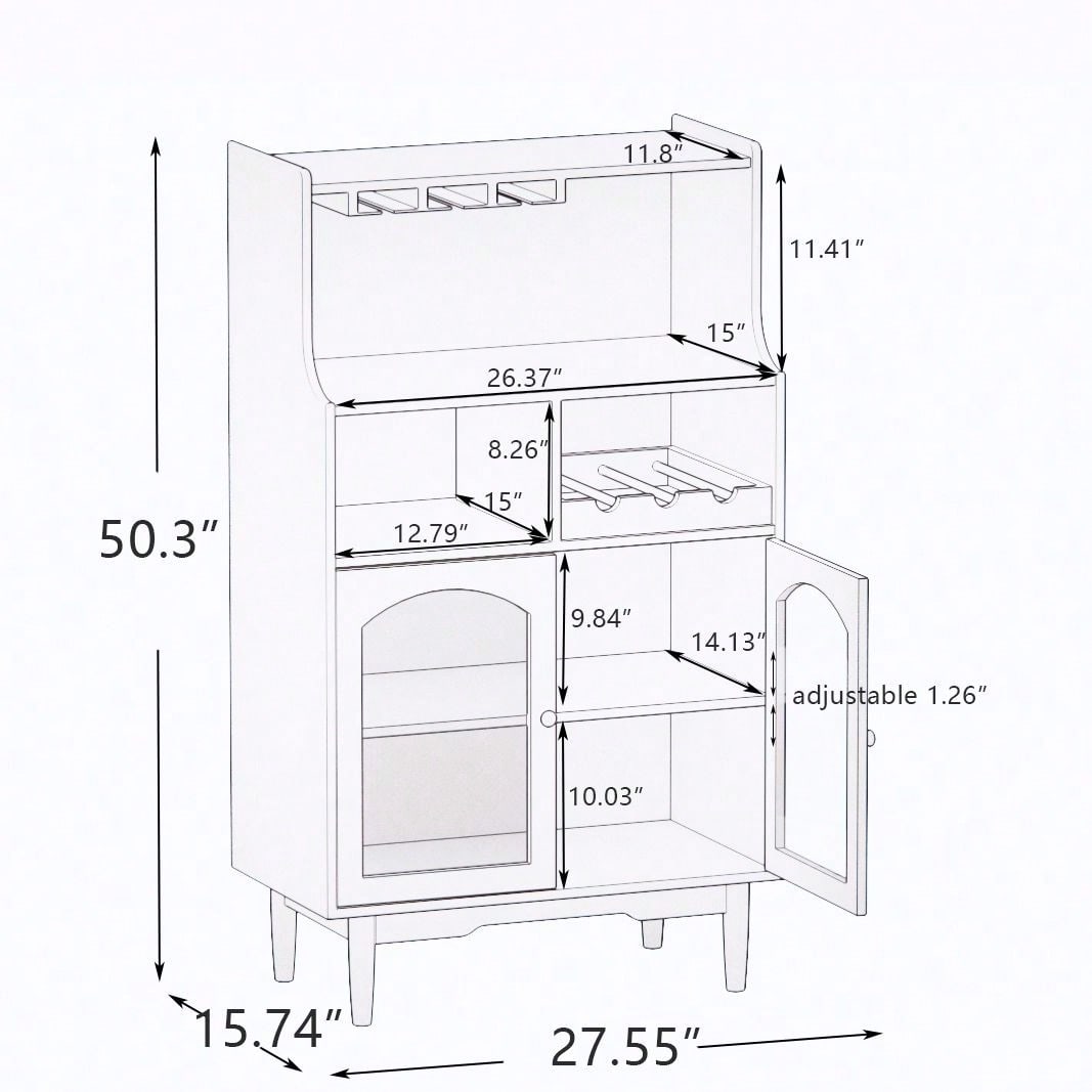 Living Room Grey Wine Cabinet With Removable Rack, Glass Doors, And Multiple Storage Options
