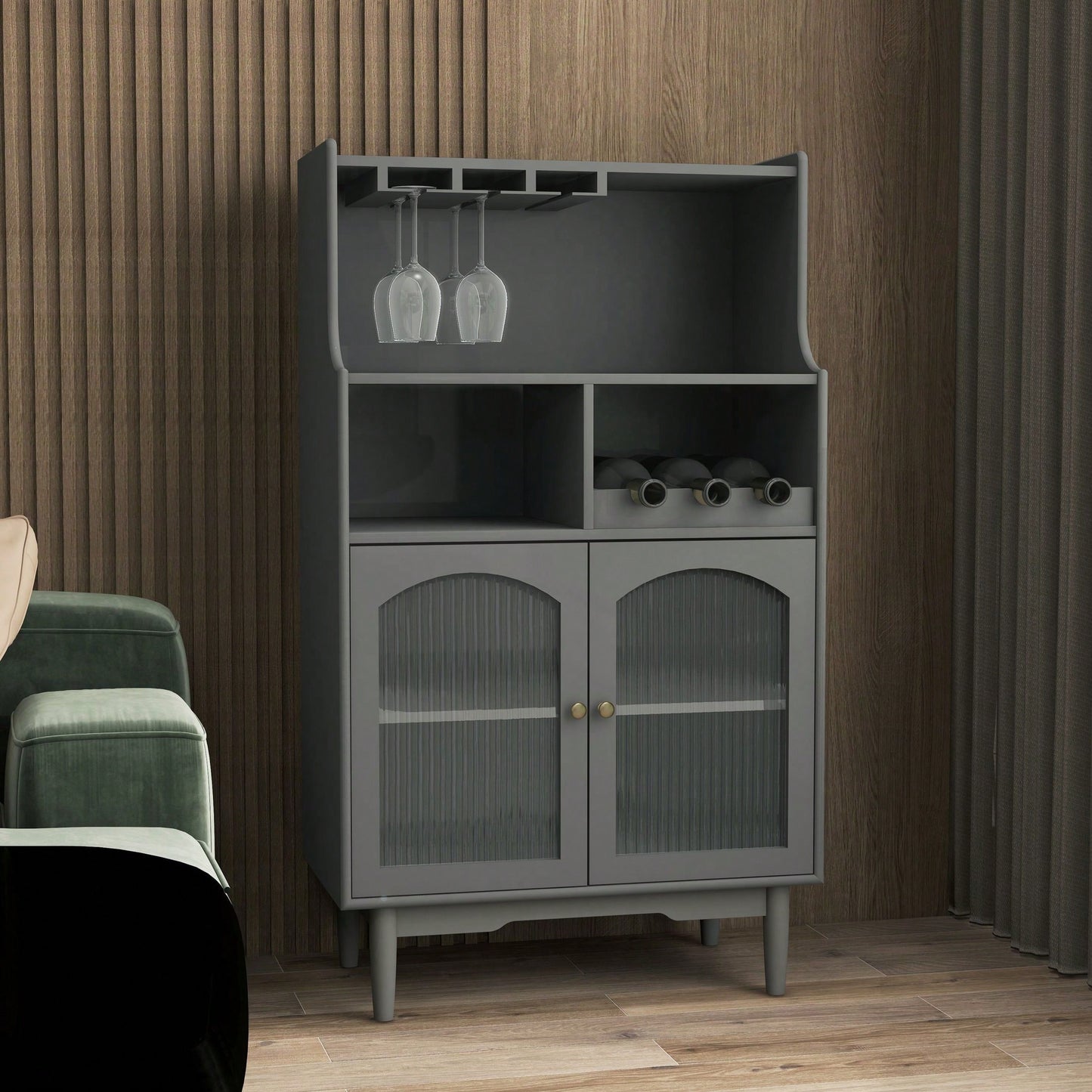 Living Room Grey Wine Cabinet With Removable Rack, Glass Doors, And Multiple Storage Options