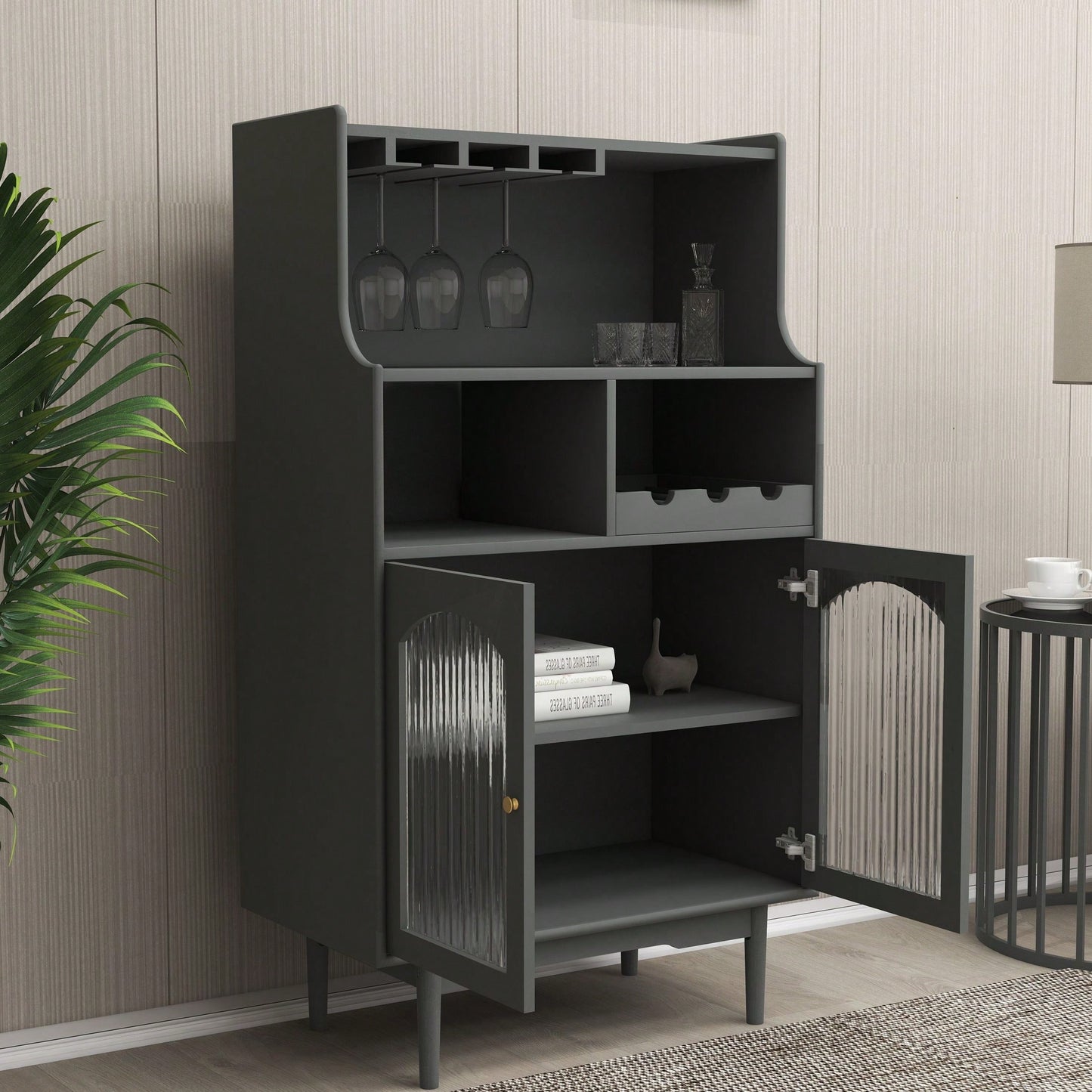 Living Room Grey Wine Cabinet With Removable Rack, Glass Doors, And Multiple Storage Options