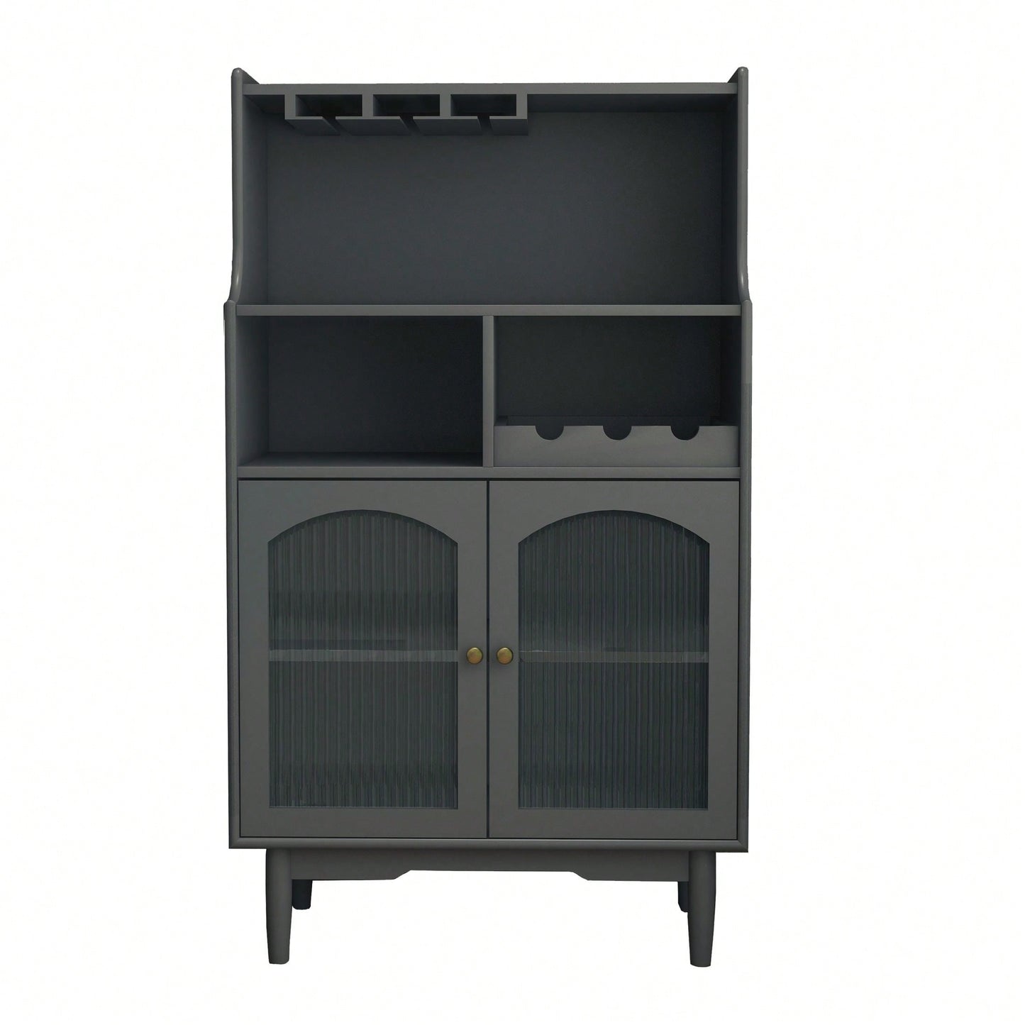 Living Room Grey Wine Cabinet With Removable Rack, Glass Doors, And Multiple Storage Options