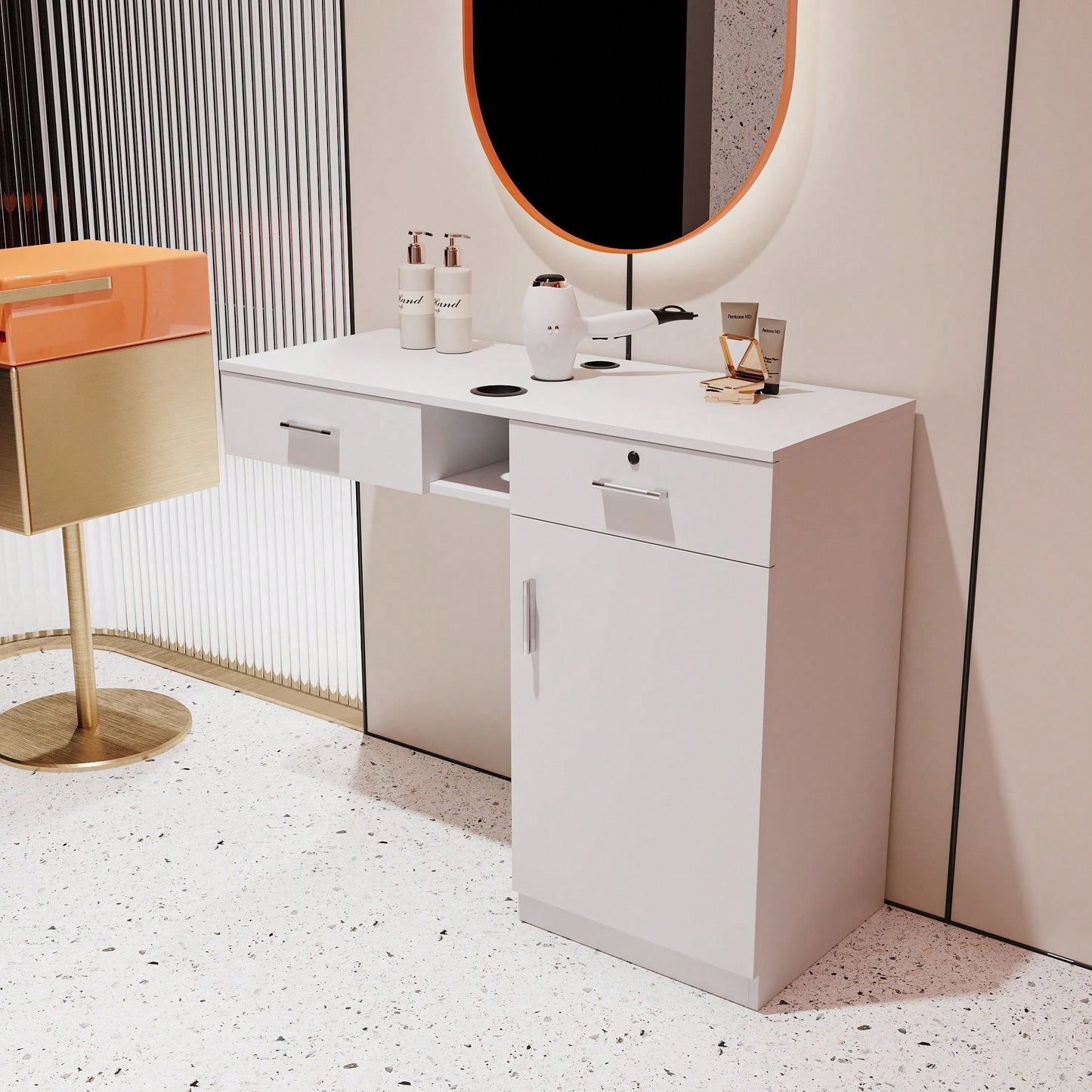 Multi-Functional Wooden Cabinet With Storage Drawers And Hair Dryer Holes